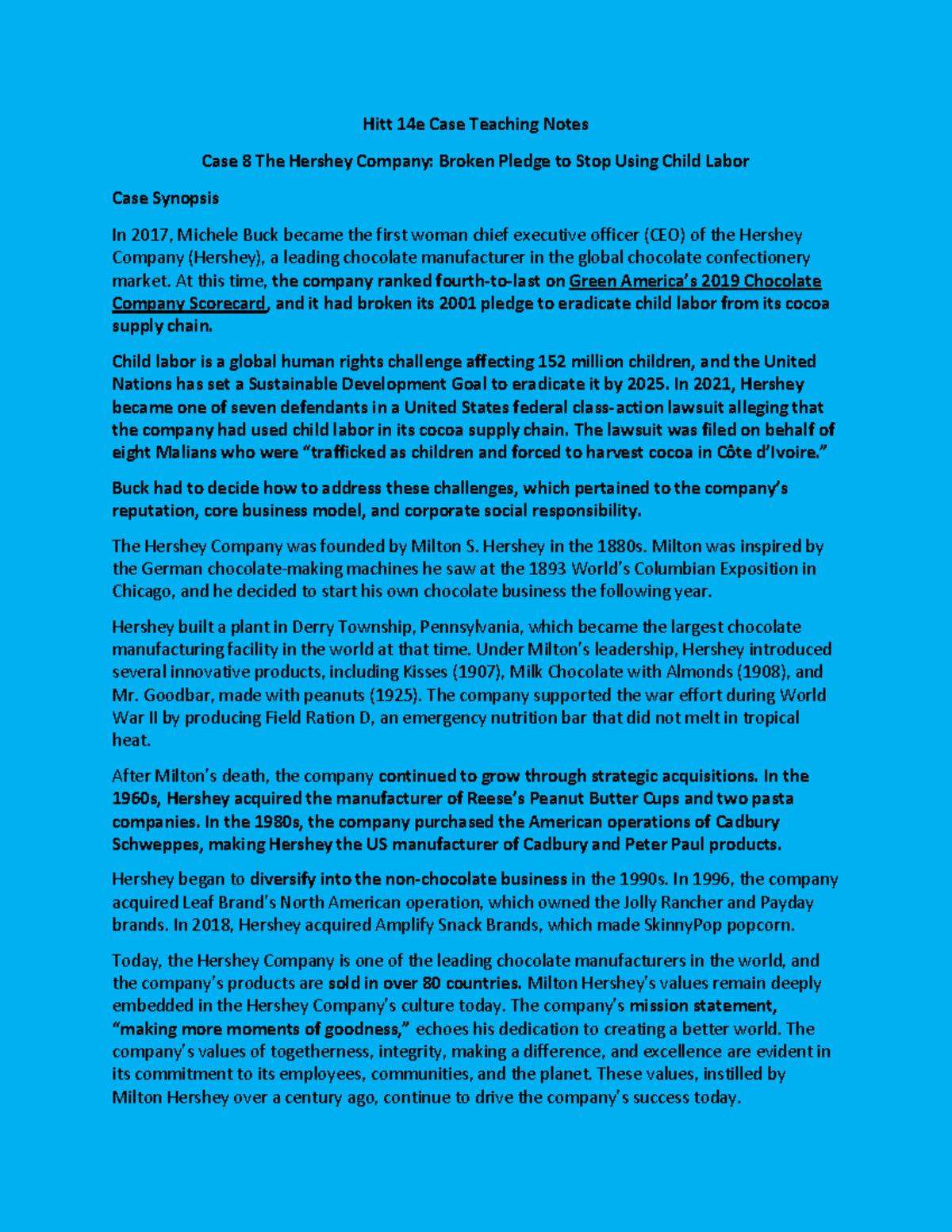 Hitt 14e Case Study: The Hershey Company and Child Labor Issues - Studocu