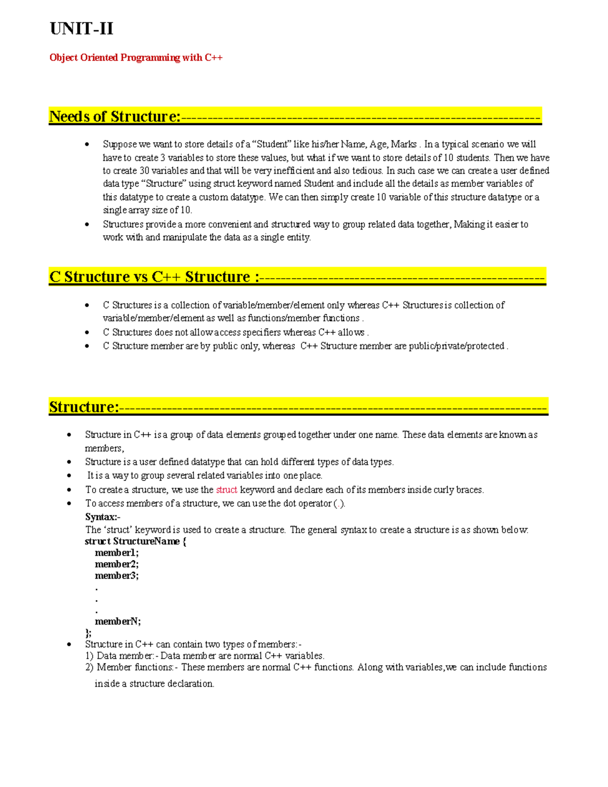 Unit II CPP - Important Topics on Structures and Functions - Studocu