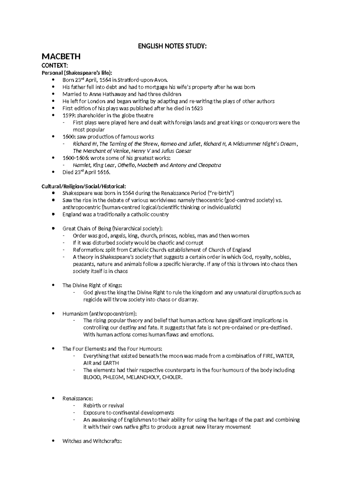 Assessment Task 4: Study Notes on Macbeth - Context & Tragedy Analysis ...