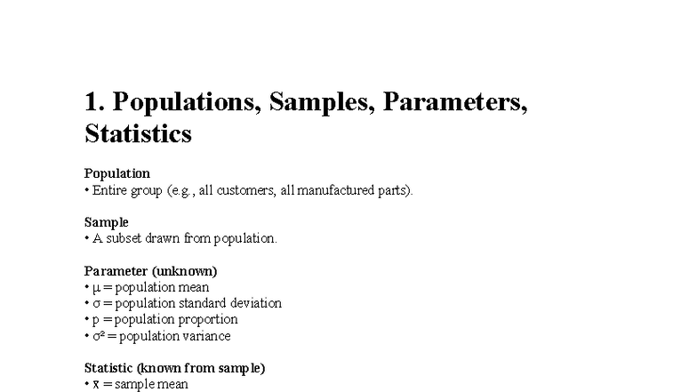Qtm - asdf - 1. Populations, Samples, Parameters, Statistics Population ...