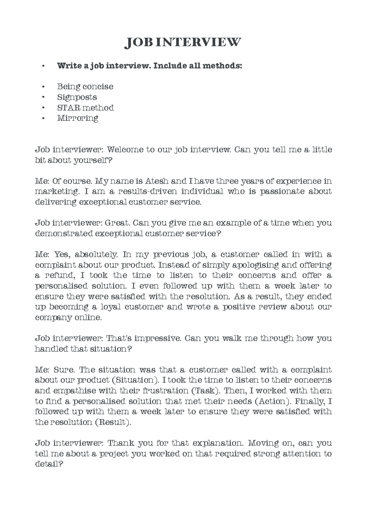 English - Document - JOB INTERVIEW Write a job interview. Include all ...