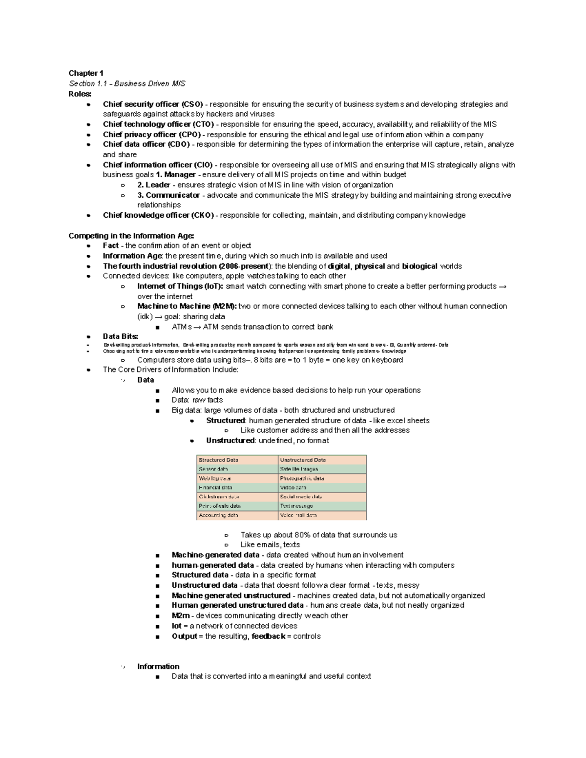 MIS Exam 1 Review - Textbook Notes - Chapter 1 Section 1 - Business ...