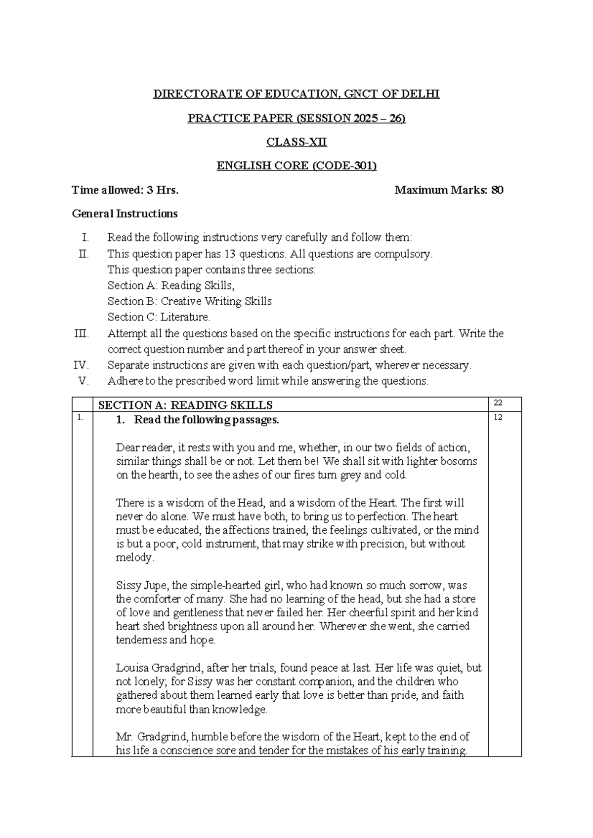 Practice Paper (Session 2025-26) for English Core - Directorate of ...