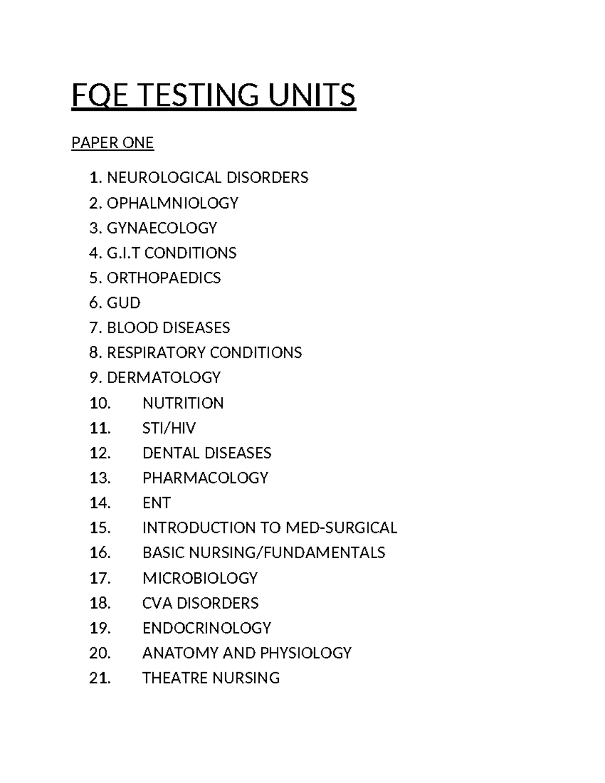 FQE Testing Units - FQE TESTING UNITS PAPER ONE 1. NEUROLOGICAL ...