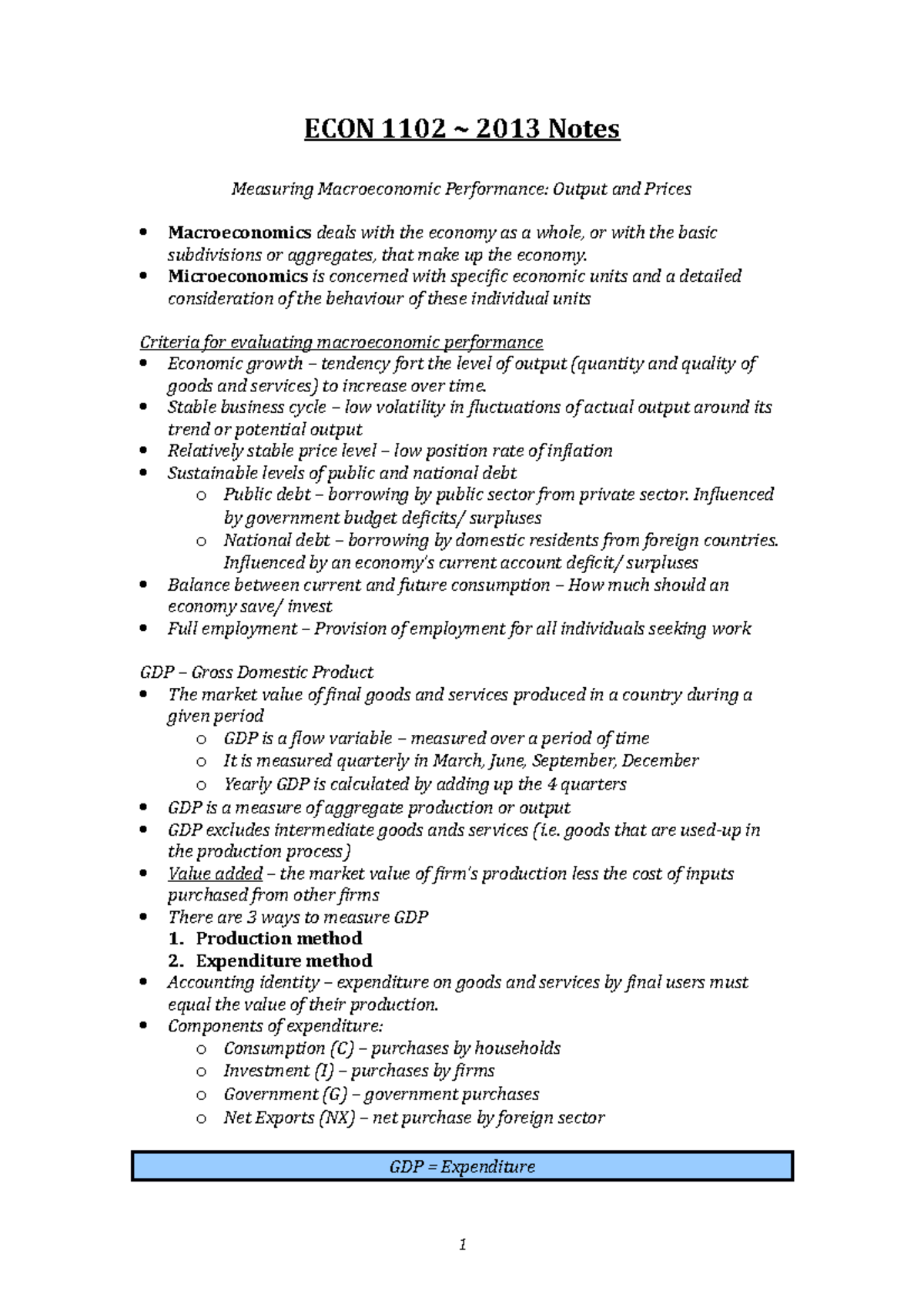 Summary - Notes for final exam covering all course material - ECON 1102 ...