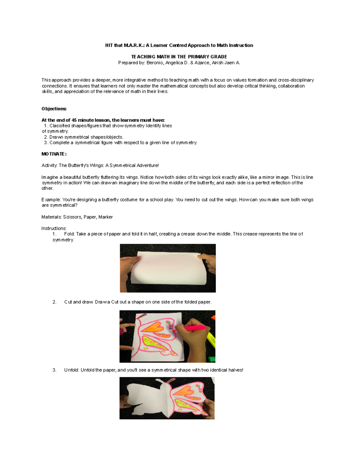 MATH Lesson PLAN line symmetry - HIT that M.A.R.: A Learner Centred ...
