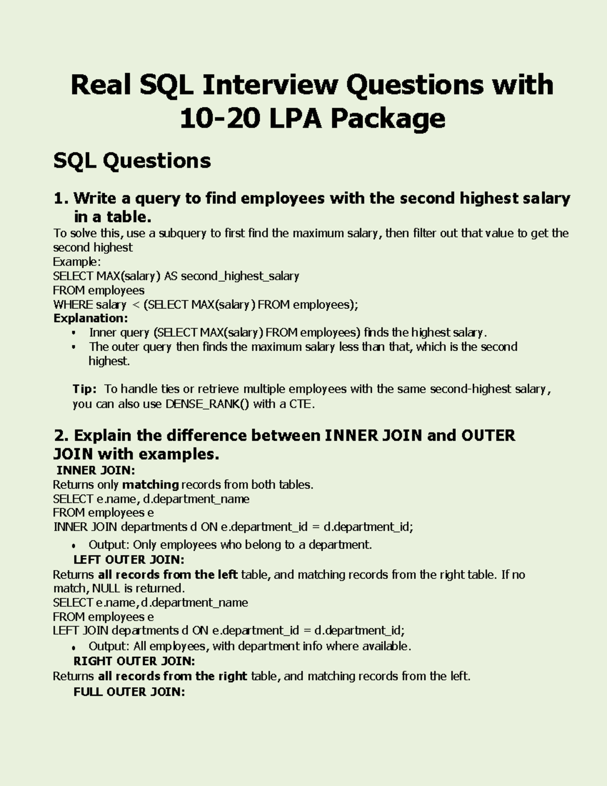 Real SQL Interview Questions for 10-20 LPA Candidates - Studocu