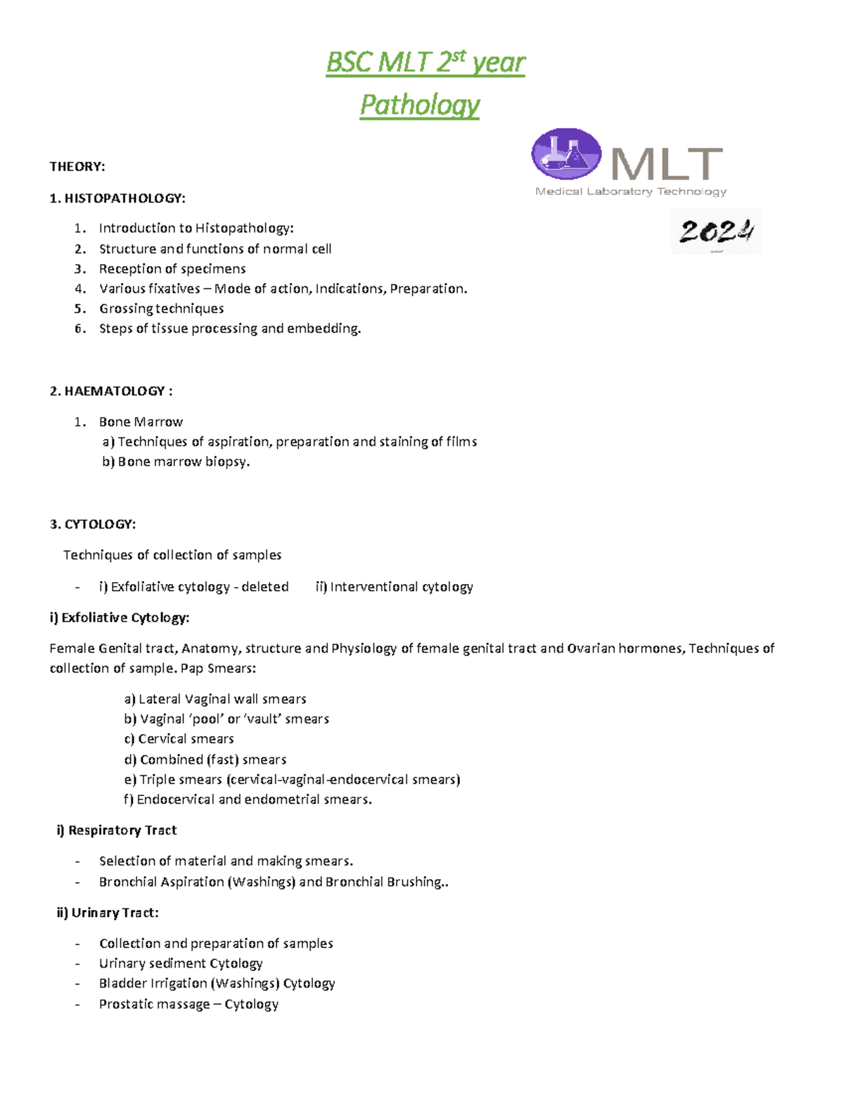 BSC MLT 2nd Year Pathology: Comprehensive Lecture Notes & QP - Studocu
