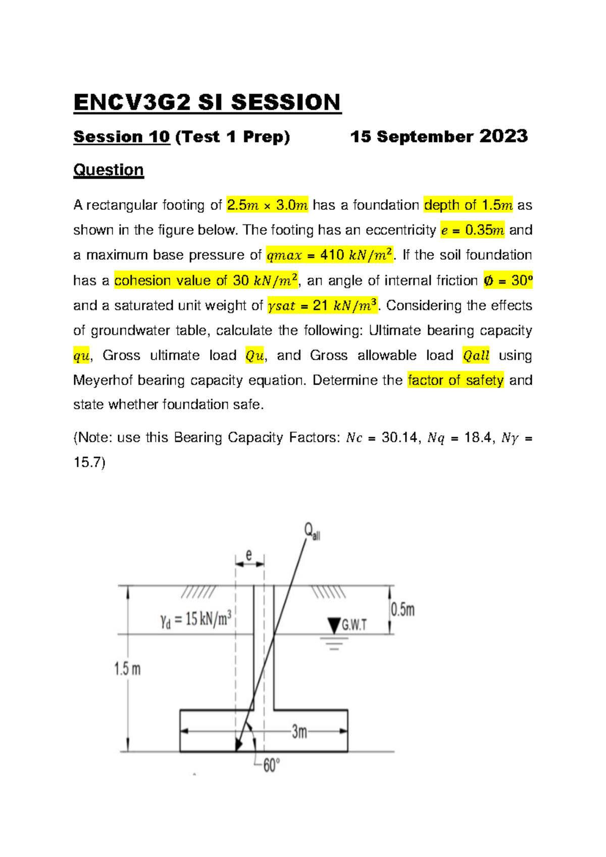 ENCV3G2 SI SESSION Test 1 Prep: Shallow Foundation Exercises - Studocu