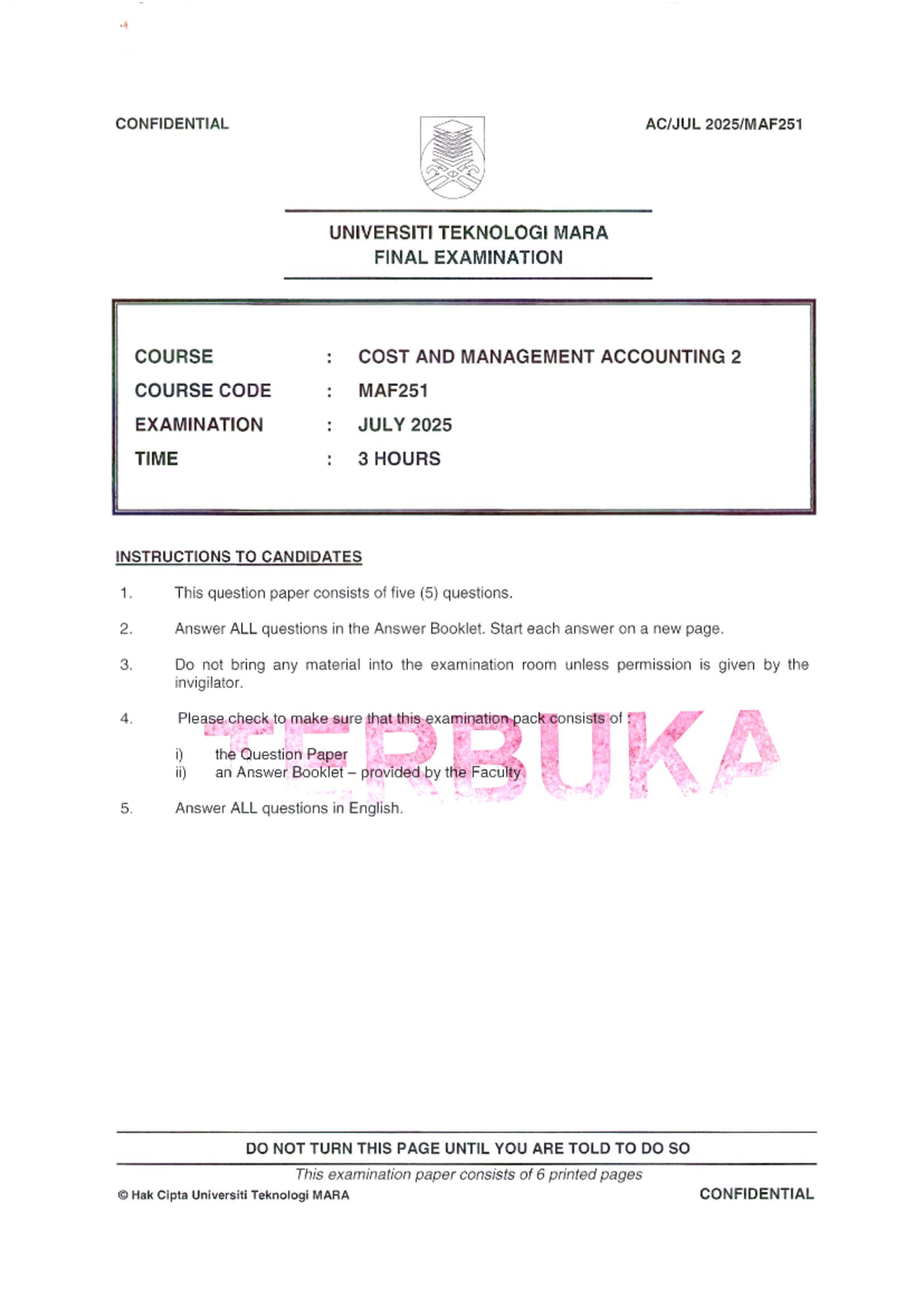 MAF251 Final Exam: Cost and Management Accounting - July 2025 - Studocu