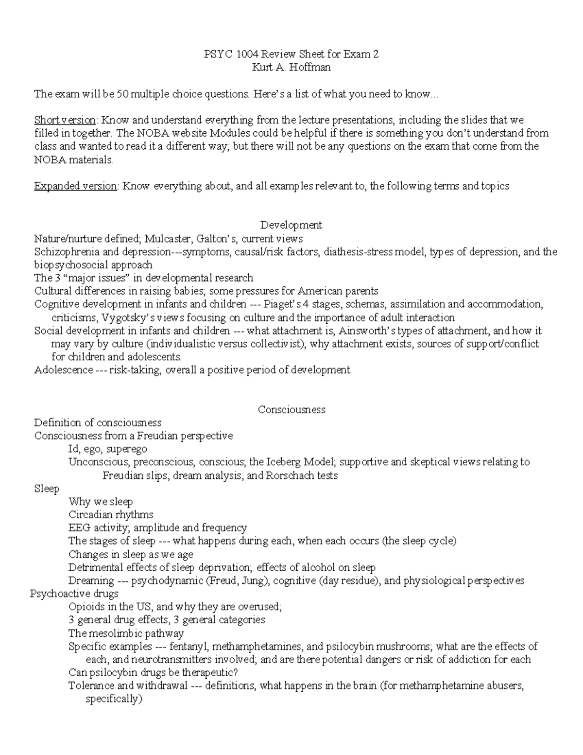 PSYC 1004 Exam 2 Review Sheet: Key Topics & Concepts - Studocu