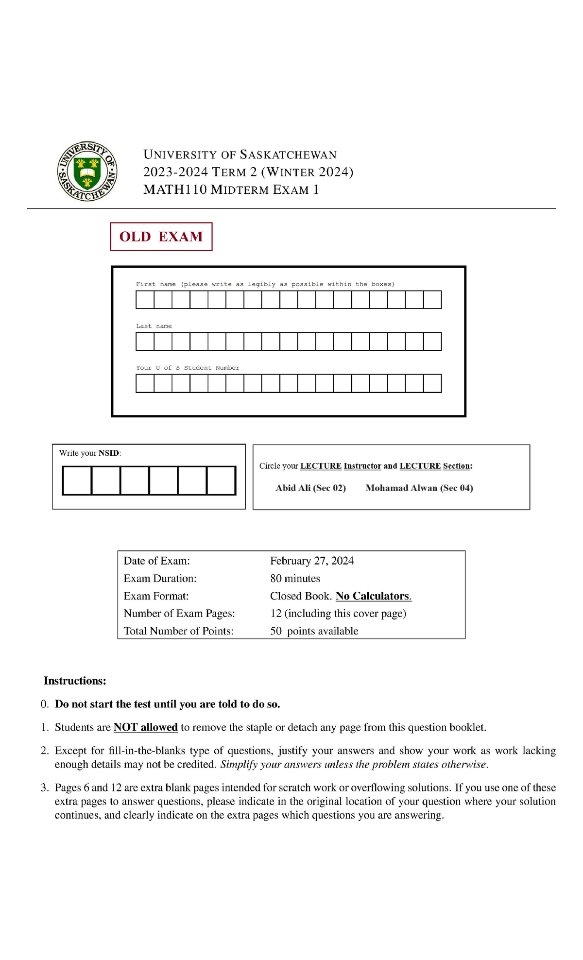MATH110 Winter 2024 Midterm Exam 1 - Old Exam Questions and Solutions ...