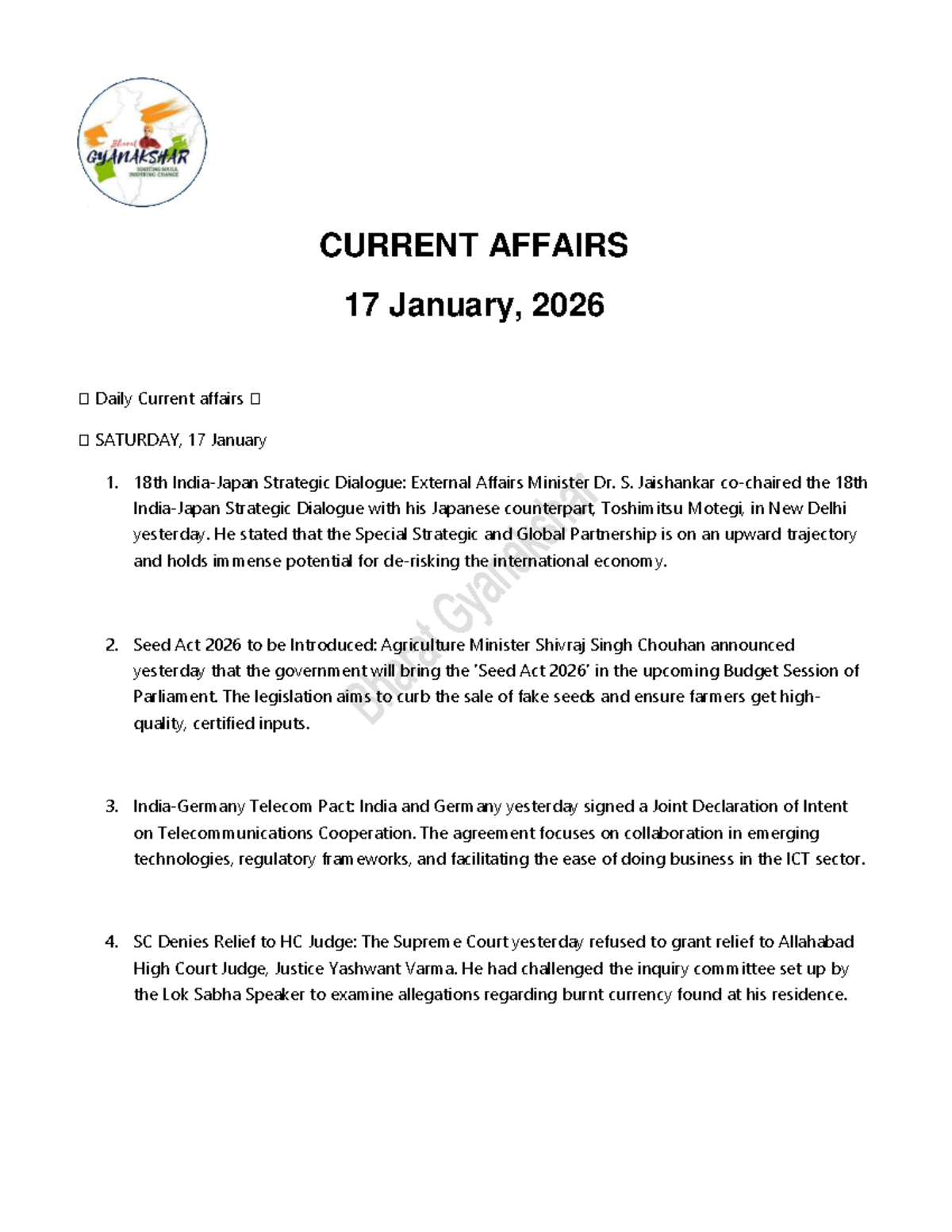 Daily Current Affairs - 17 January 2026 Summary - Studocu