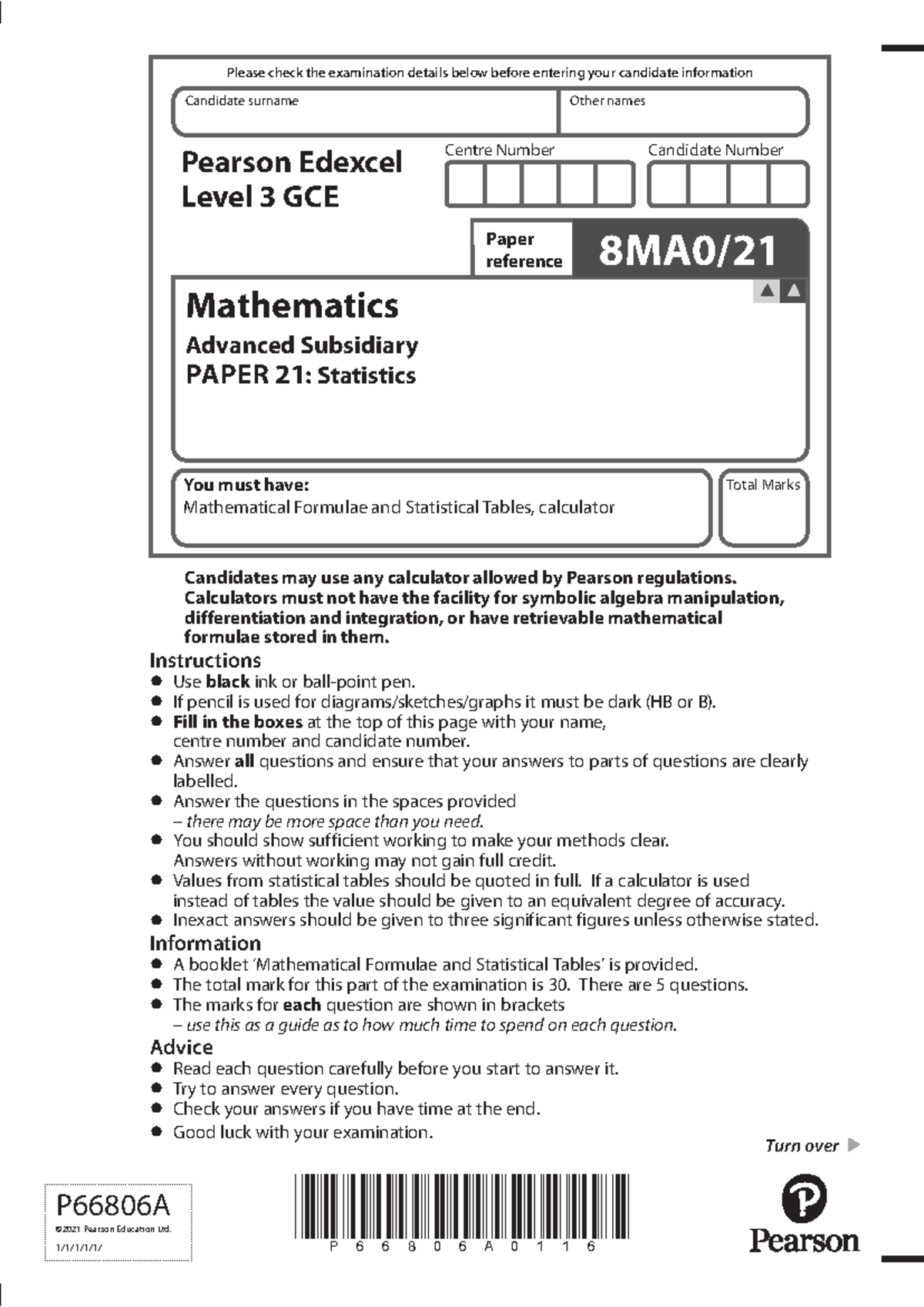 AS Level Statistics Oct 2021 - Examination Paper P66806A - Studocu