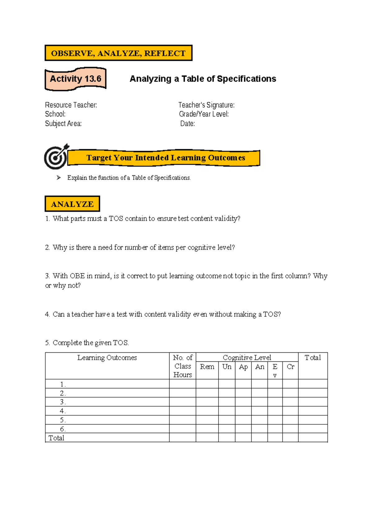 Fs 1 Ep 13 Analyzing Table of Specifications for Assessment Validity ...