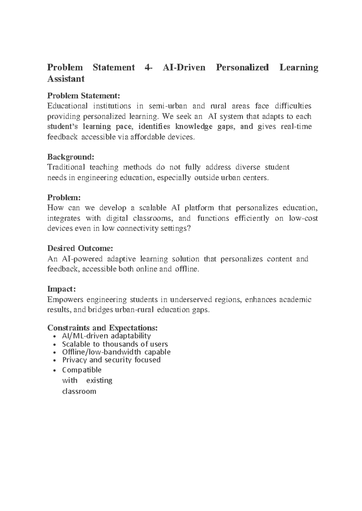 Personalized Learning AI Problem Statement: Challenges in Rural ...