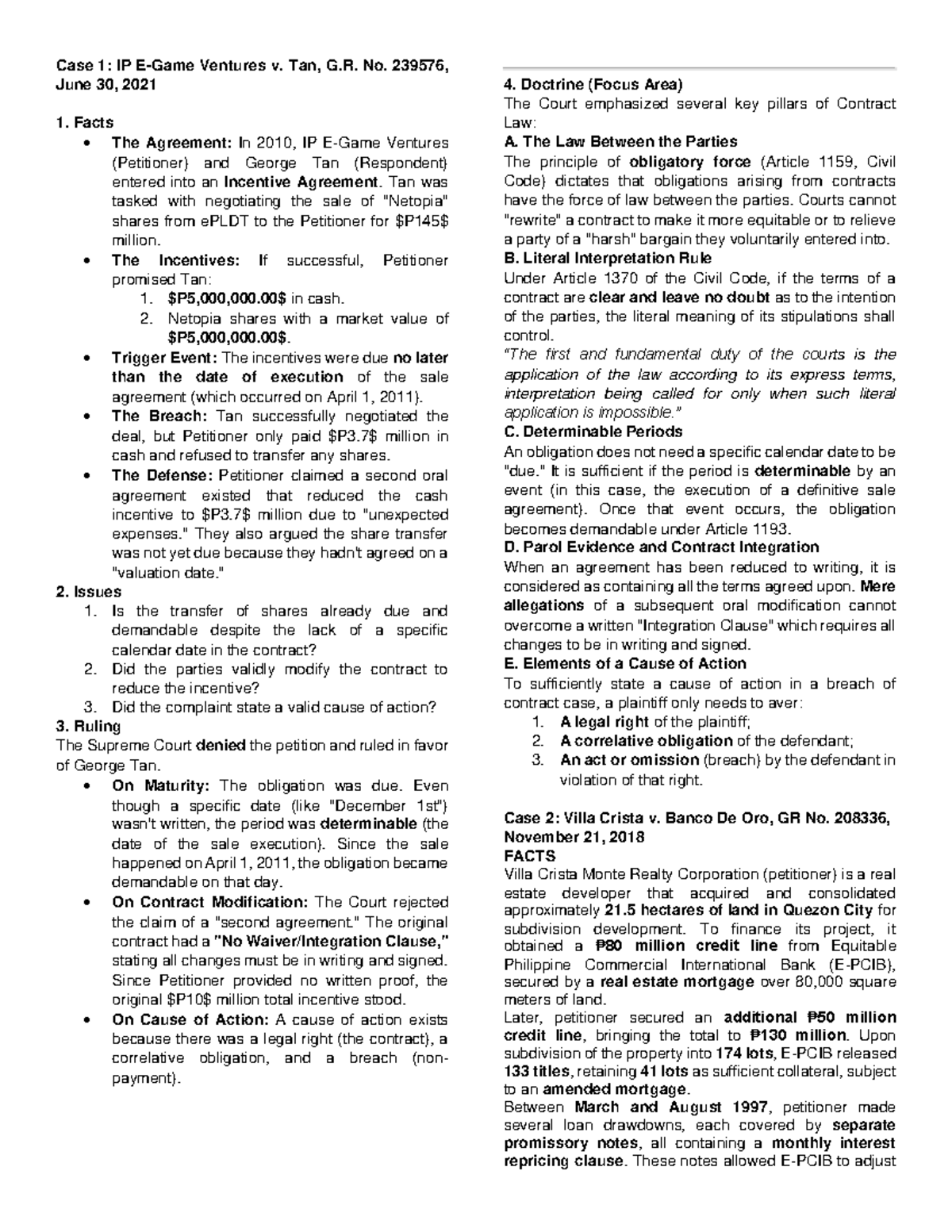 Case Digest: Key Rulings on Contract Law (G.R. Nos. 239576, 208336 ...