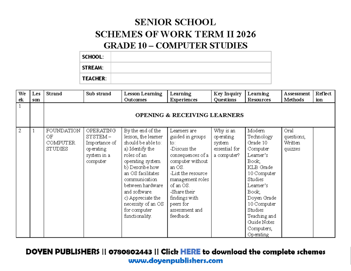 Grade 10 Computer Studies Term II 2026 Schemes of Work - Studocu