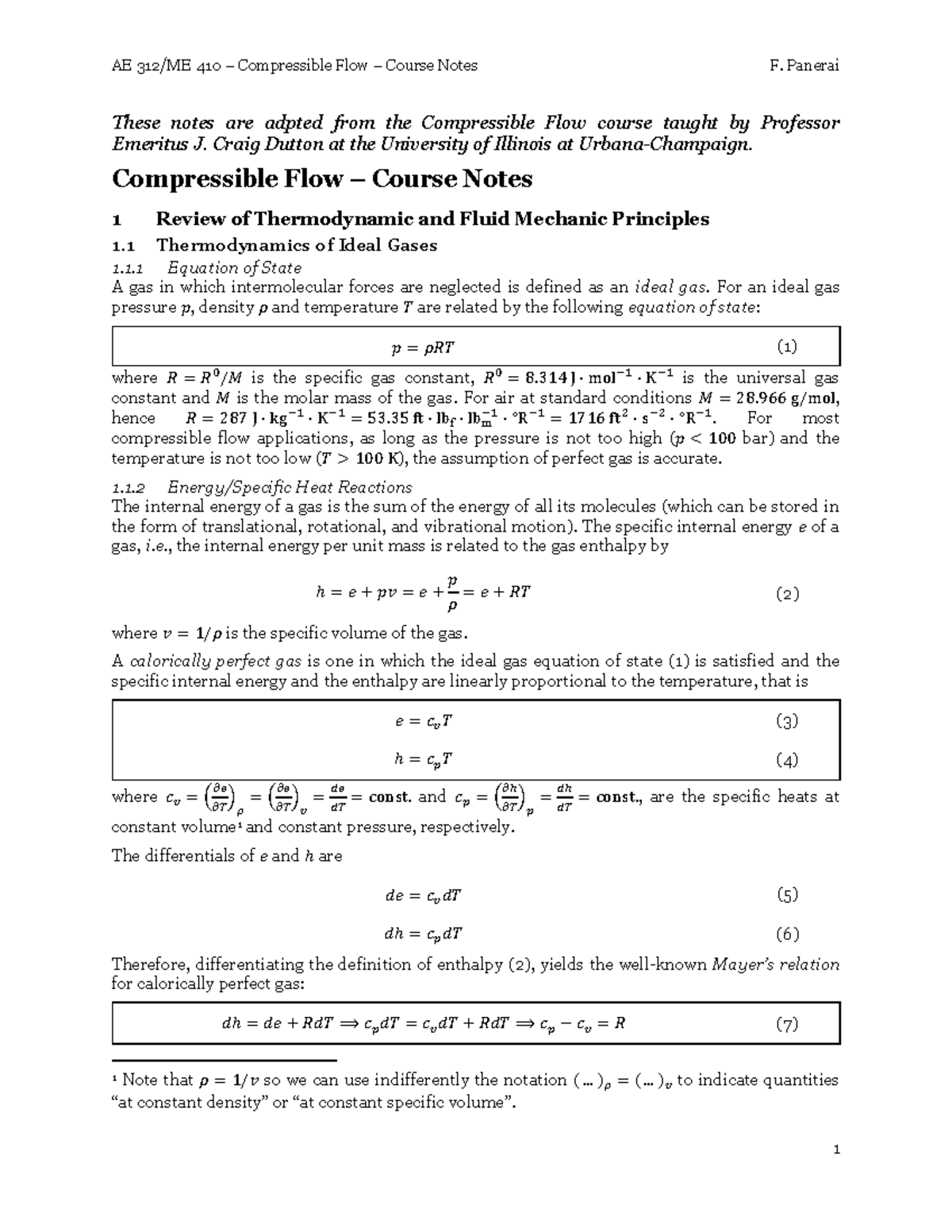 AE 312/ME 410 - Compressible Flow Course Notes by F. Panerai - These ...