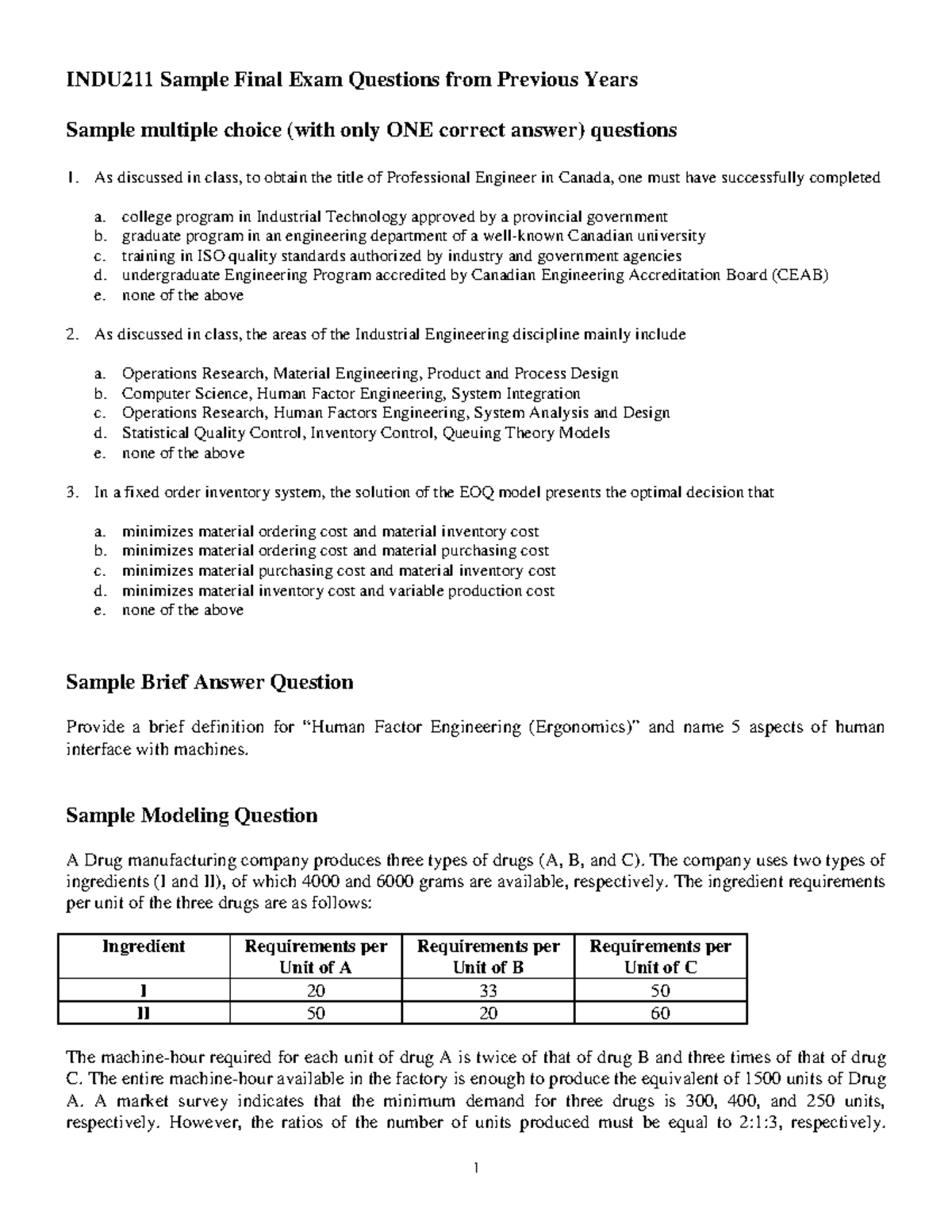 INDU 211 Sample Final Exam Questions & Answers Guide 2022 - Studocu