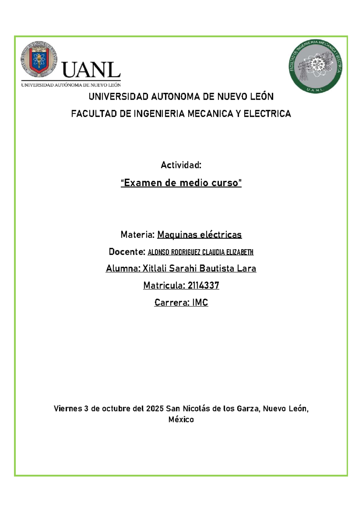 Examen de Medio Curso 2114337: Maquinas Eléctricas y Magnetismo - Document Preview