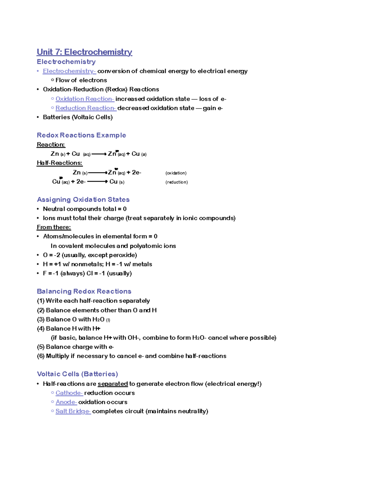 Unit 7: Electrochemistry - Redox Reactions and Voltaic Cells - Studocu