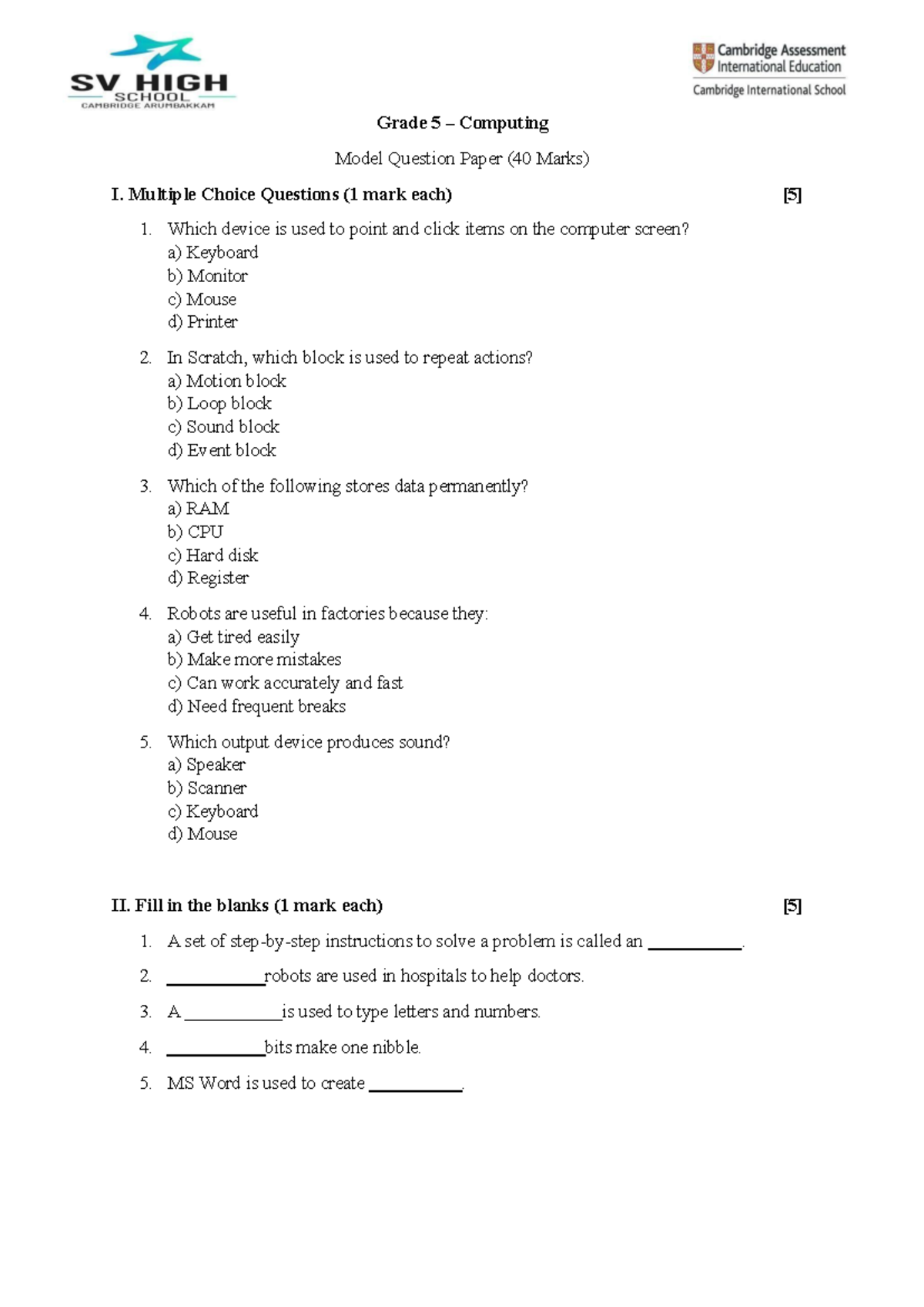 Grade 5 Computing Model Question Paper (40 Marks) - Studocu