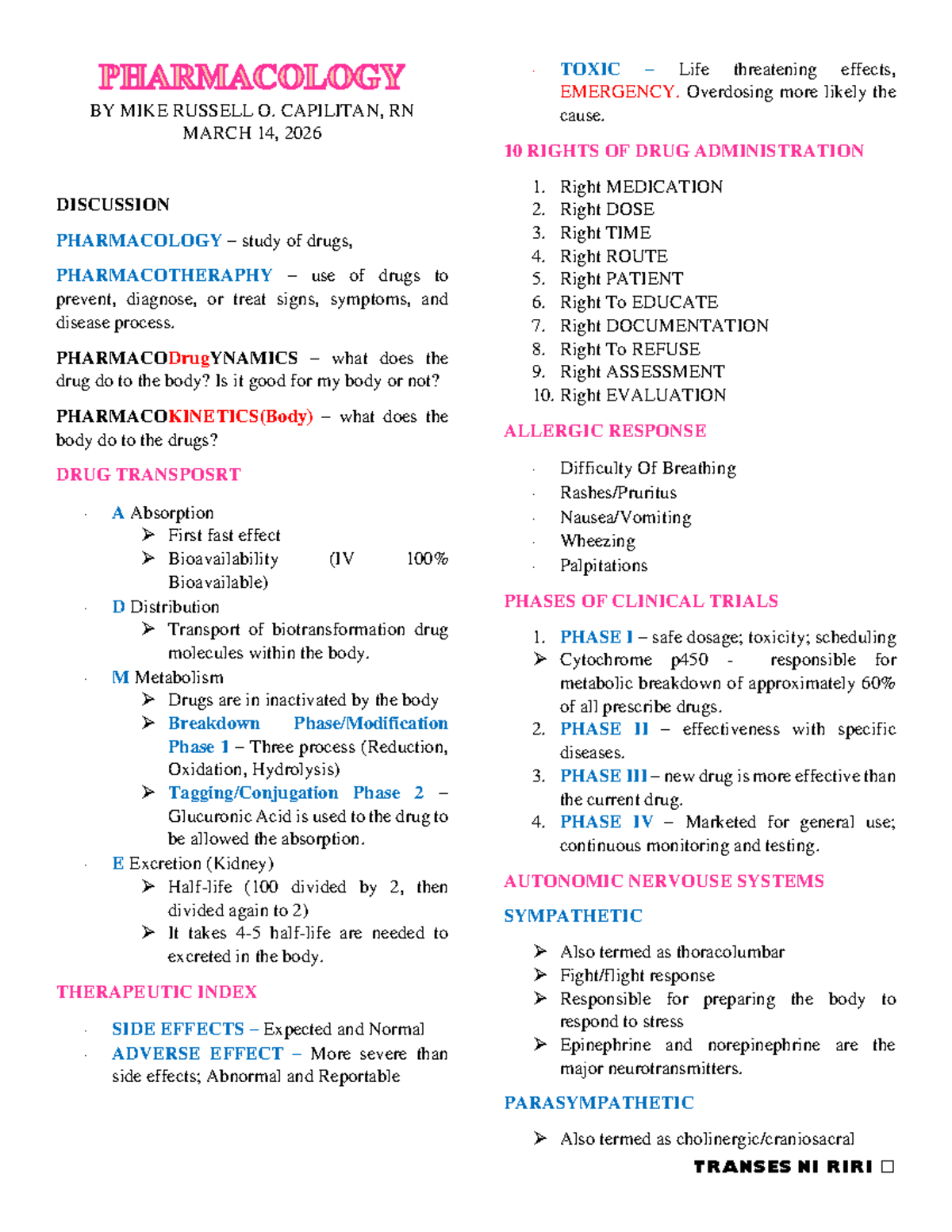Pharmacology Study Notes: MIKE RUSSELL O. CAPILITAN, RN - EMERGENCY ...