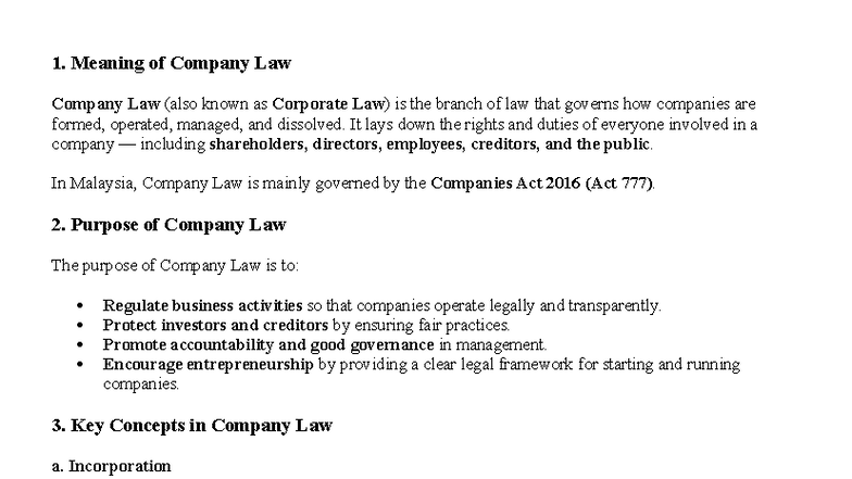 Company Law Overview: Key Concepts & Purpose (EXTRA READING) - Studocu
