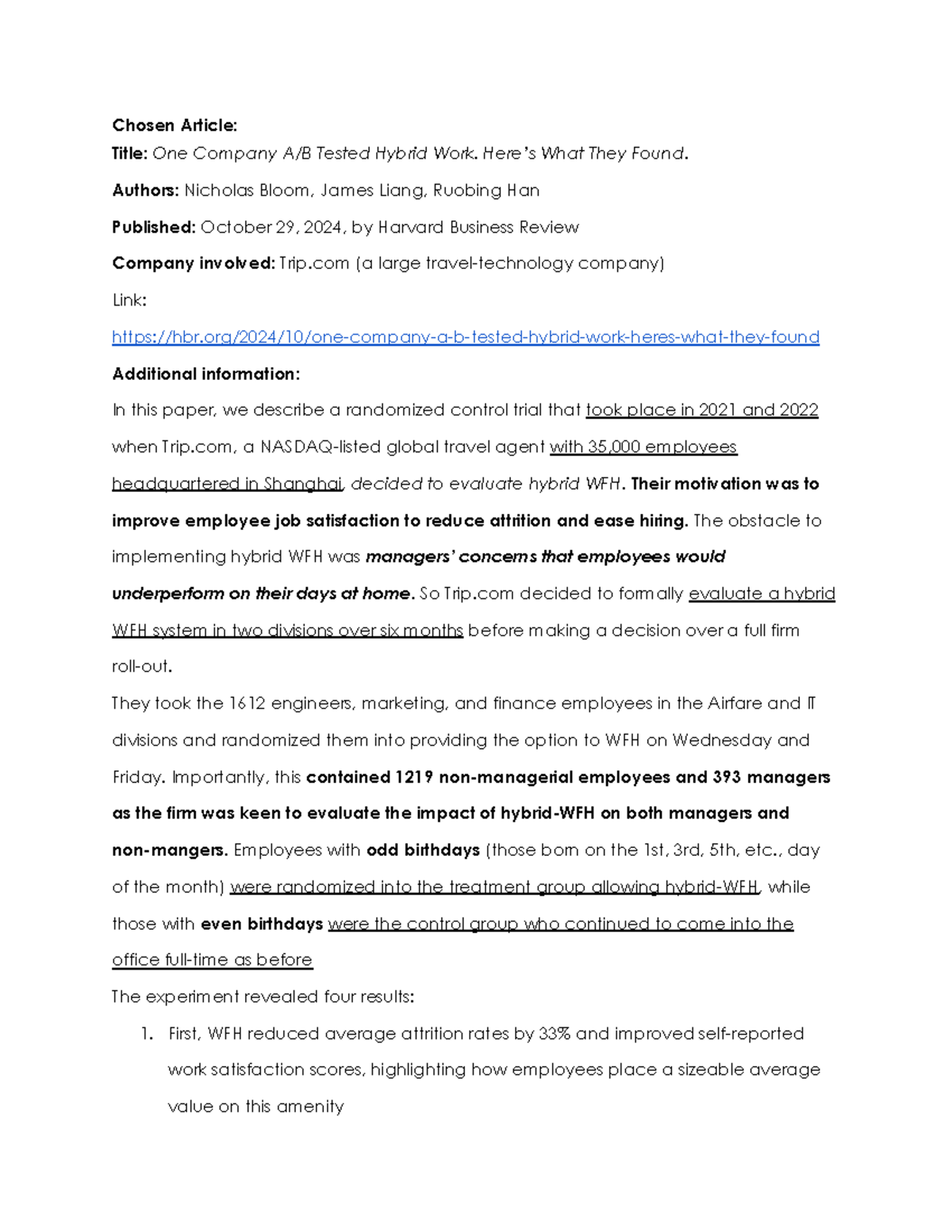 HBR Case Study: Hybrid Work Impact at Trip.com (2021-2022) - Studocu