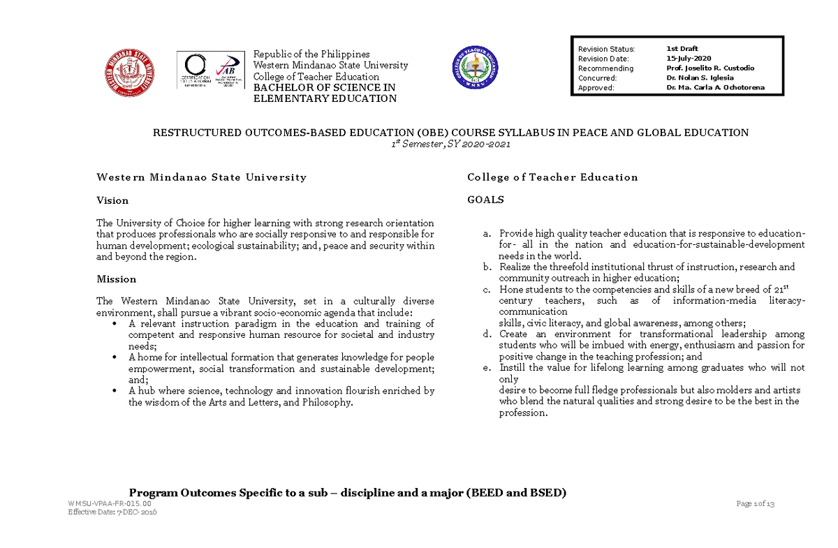 NEW PGED Syllabus 2020 - Peace and Global Education as a course deals ...