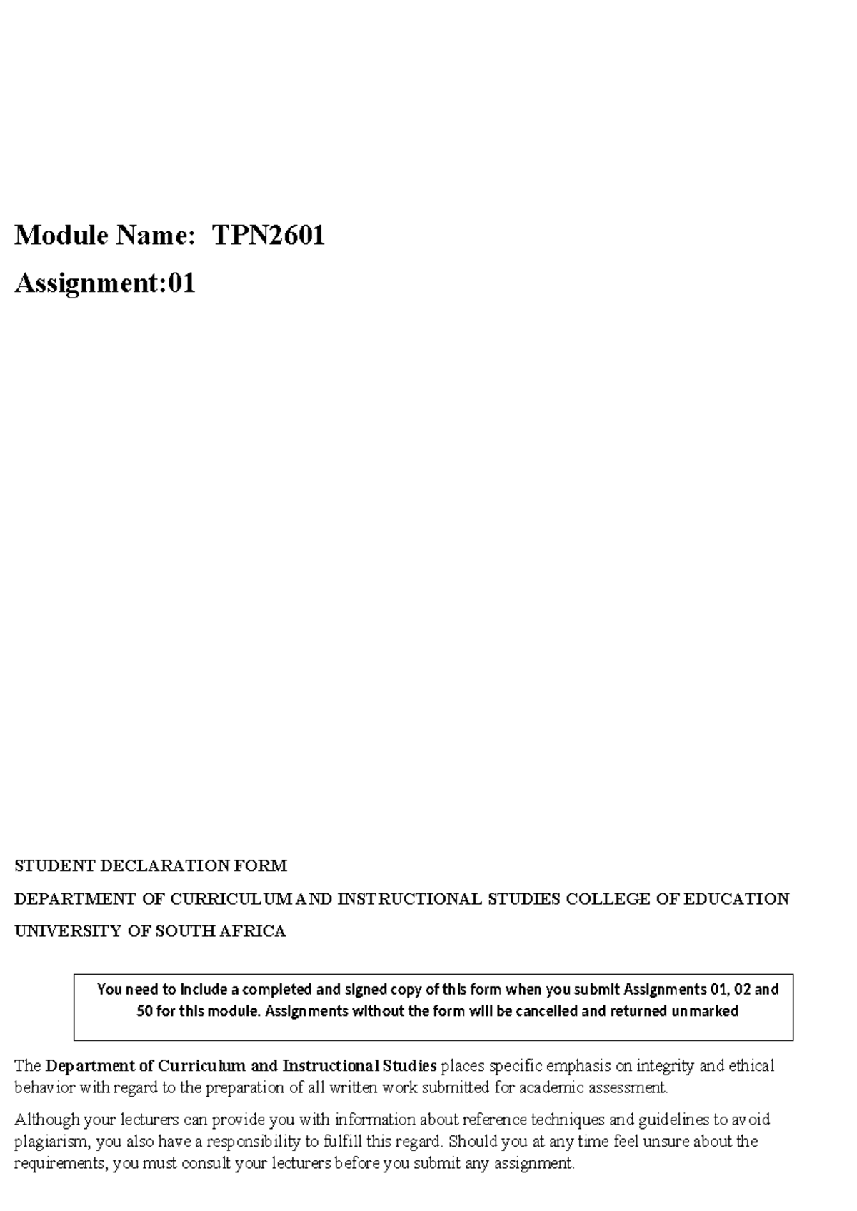 TPN2601 Assignment 01: Student Declaration Form Guidelines - Studocu