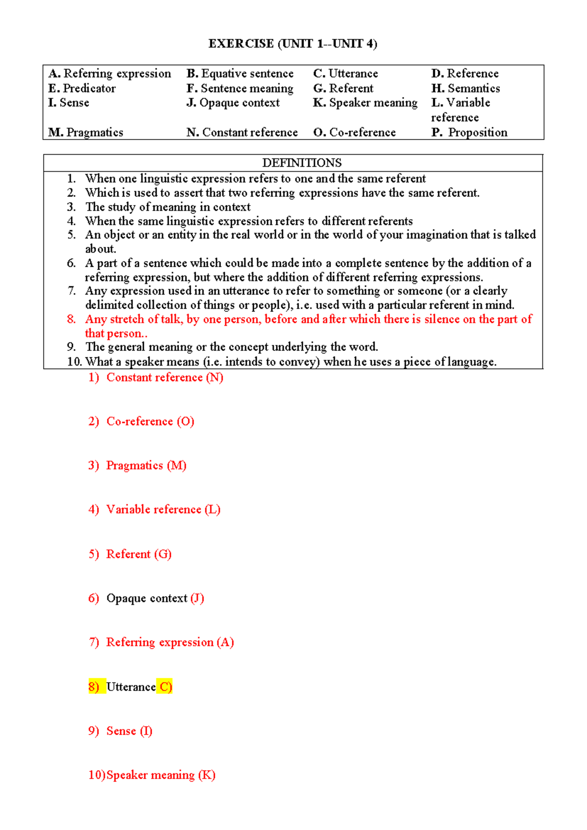 Đáp án bài tập unit 1-4 môn Semantics - Key Exercises and Answers - Studocu