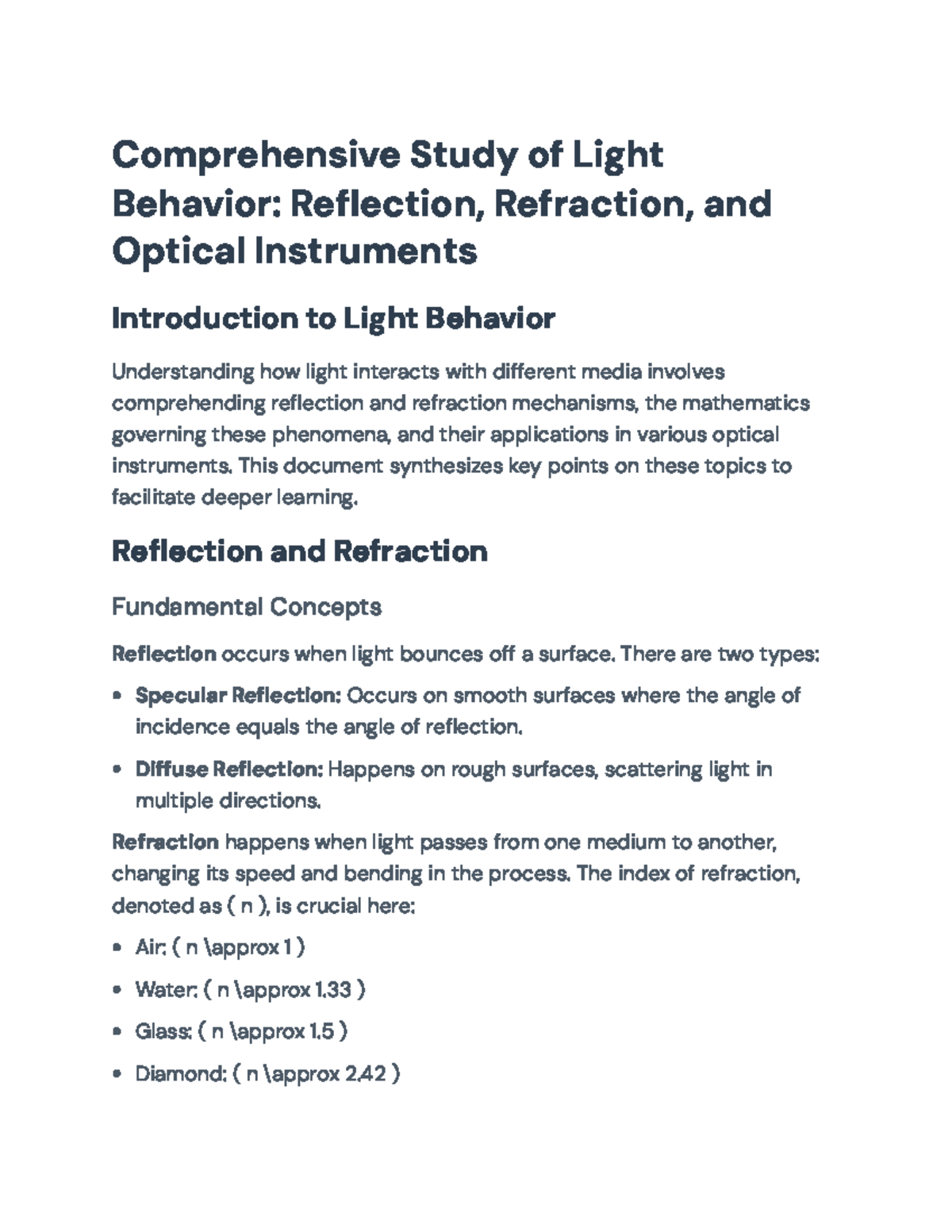 Comprehensive Study of Light Behavior: Reflection, Refraction & Optics ...