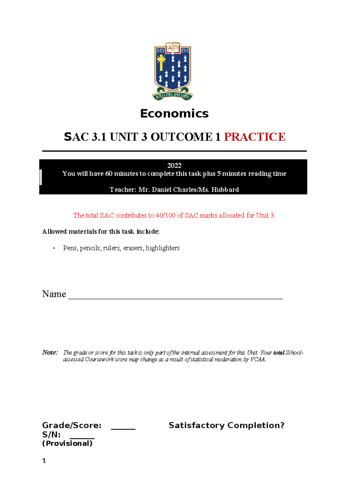 Economics SAC 3.1 Unit 3 Outcome 1 Practice Exam 2022 - Studocu