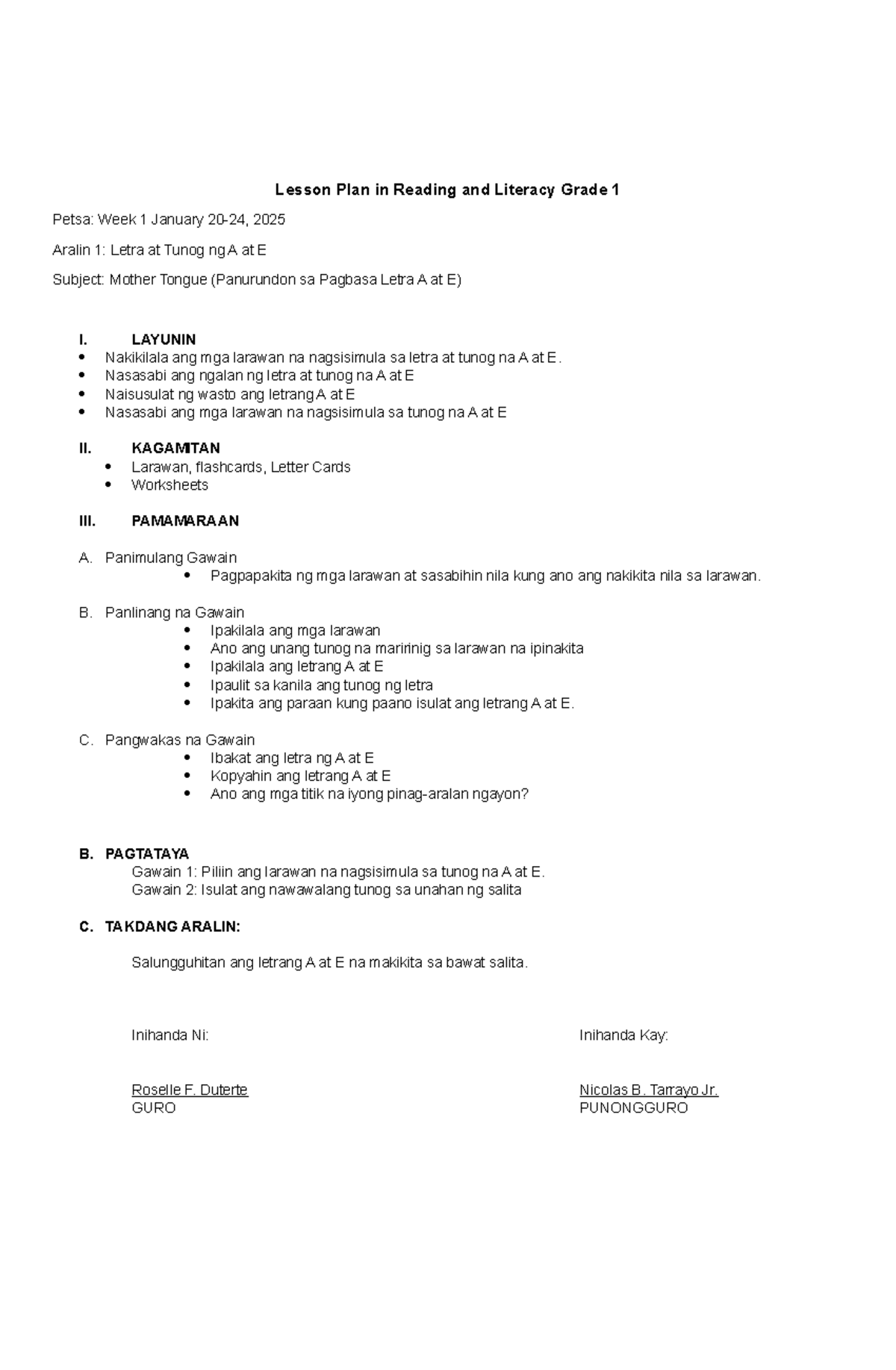 Lesson Plan in Reading and Literacy Grade 1: Letra at Tunog A-E, I-O, N ...