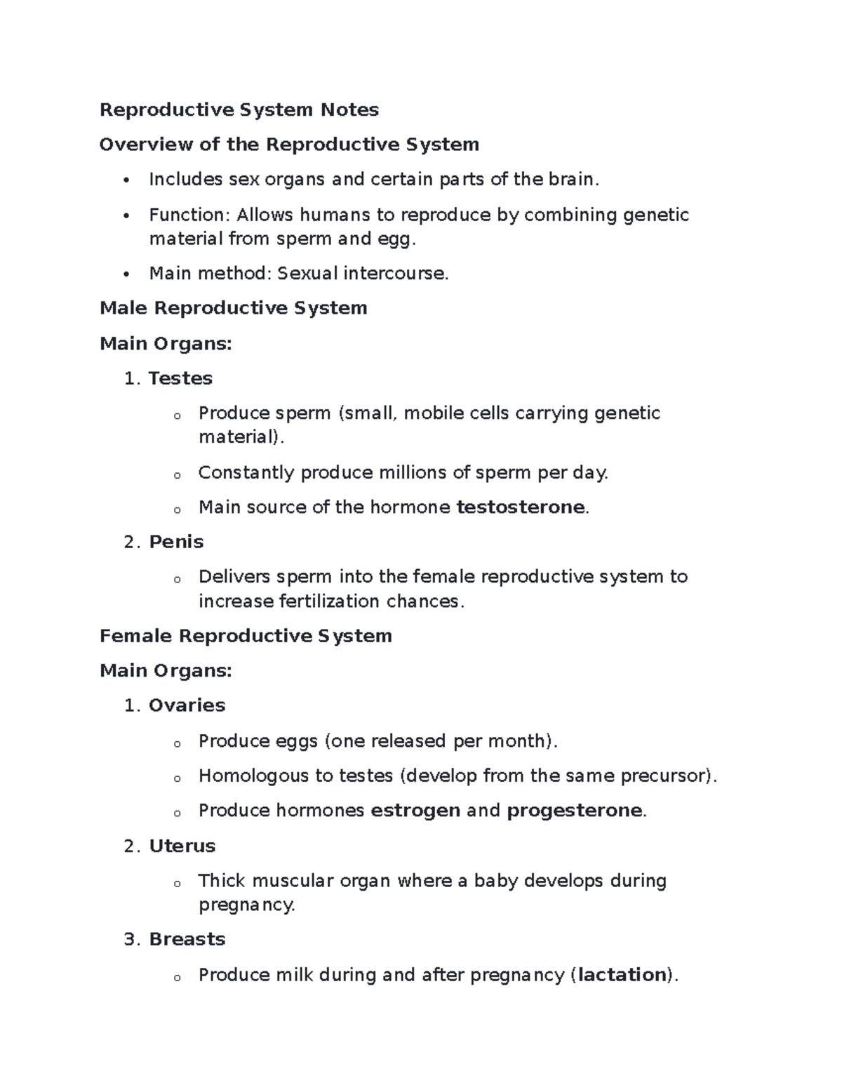 Reproductive System Overview and Key Concepts - Notes - Reproductive ...