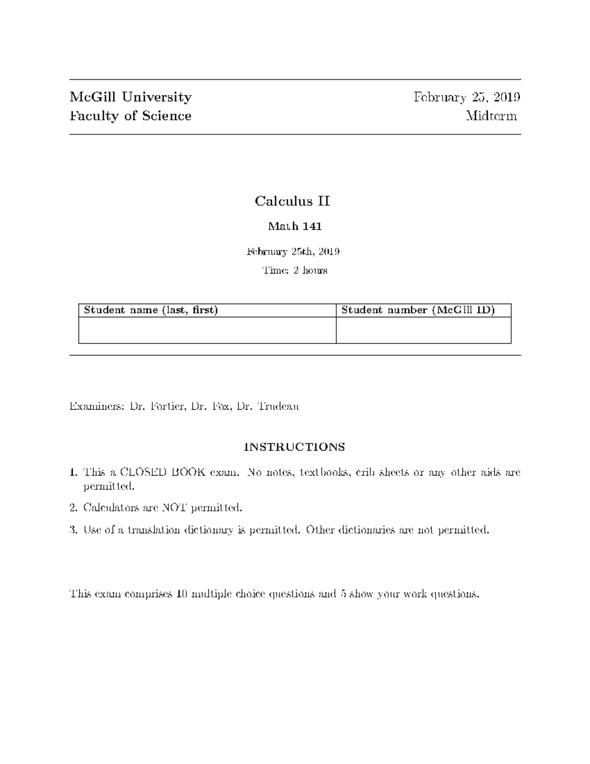 MATH 141 2019 Midterm Exam - Calculus I I Questions & Instructions ...