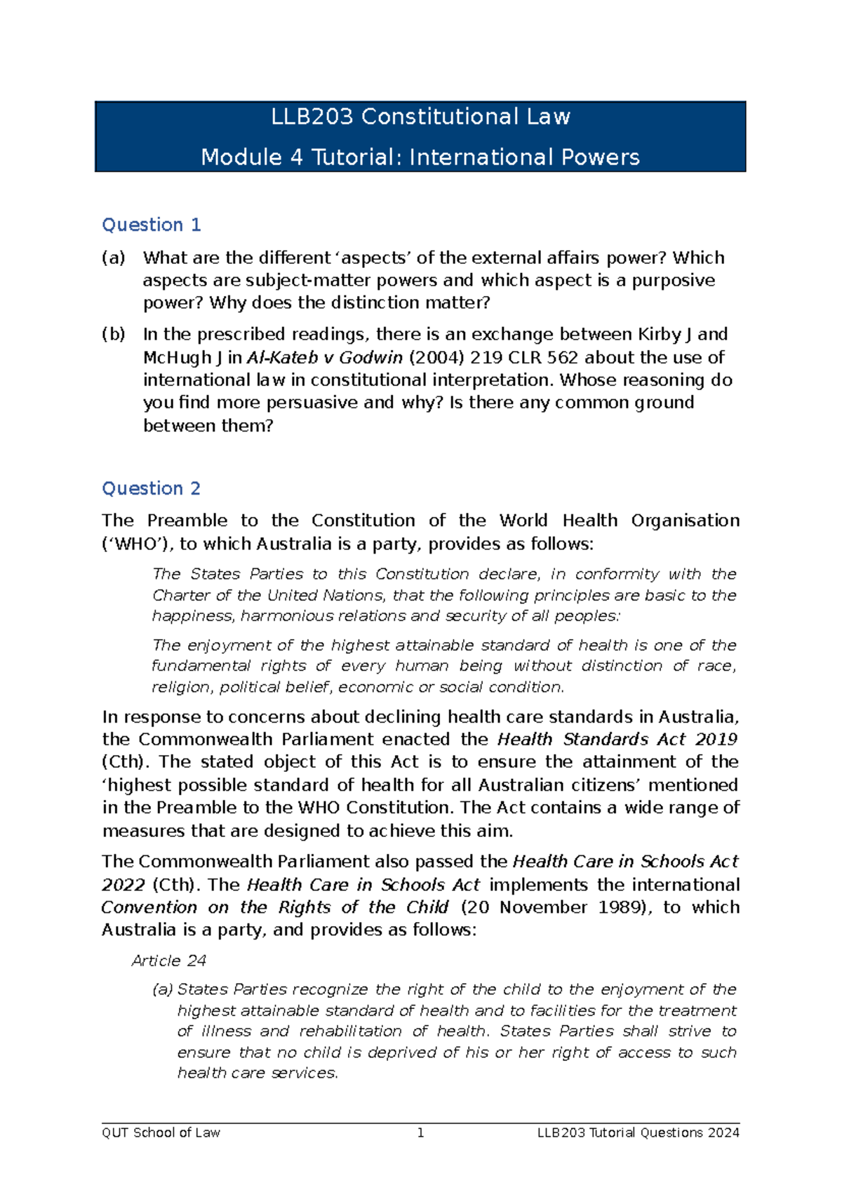 LLB203 Module 4 Tutorial Questions on International Powers Analysis ...