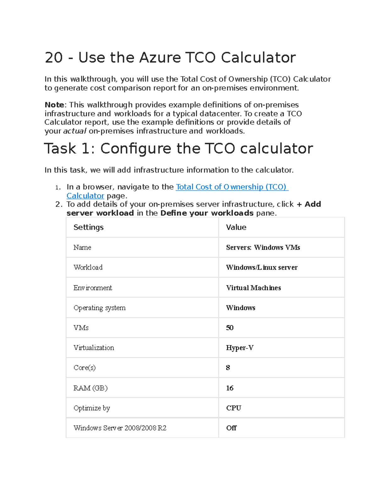 20 - Use the Azure TCO Calculator - Note: This walkthrough provides ...