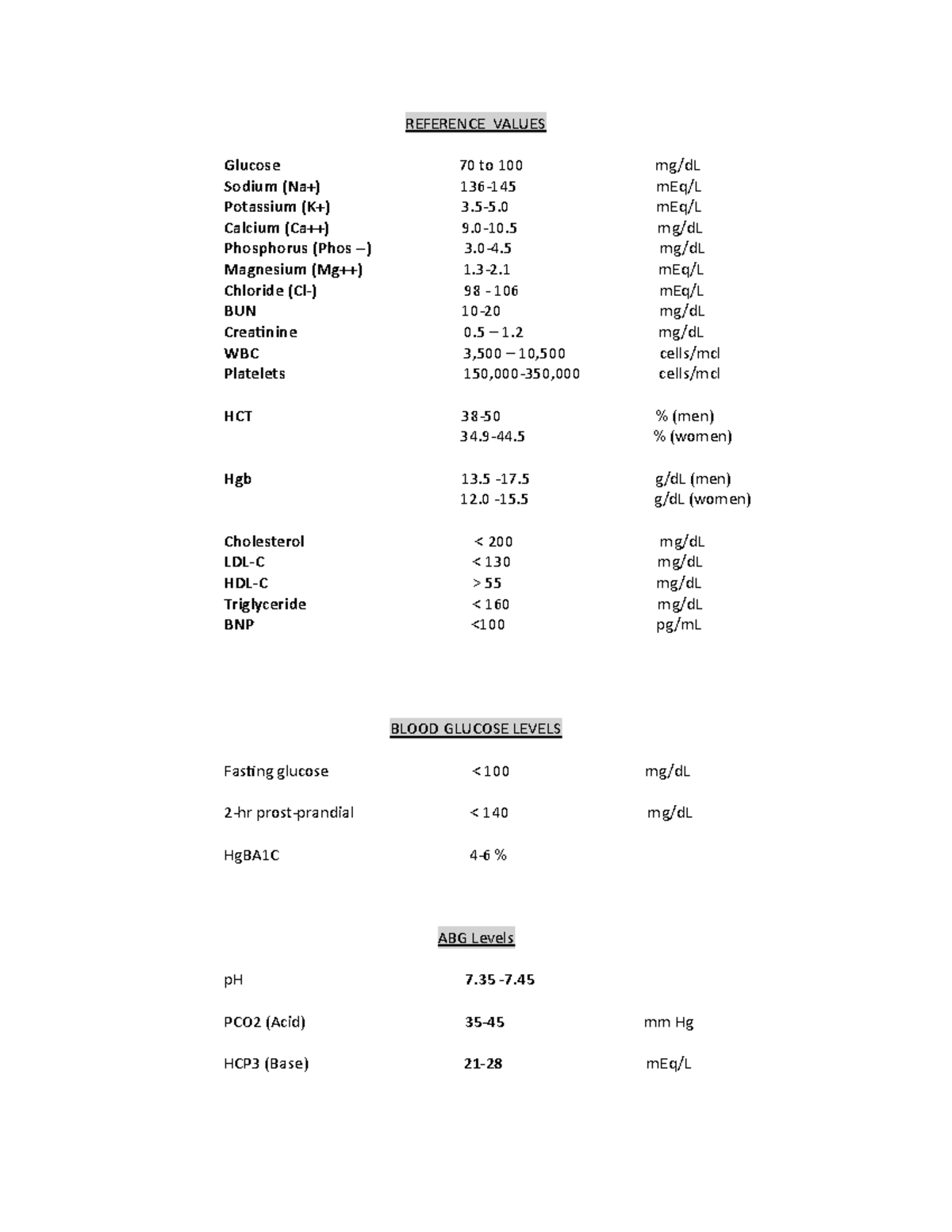 Adult Health Reference Values - REFERENCE VALUES Glucose 70 to 100 mg ...