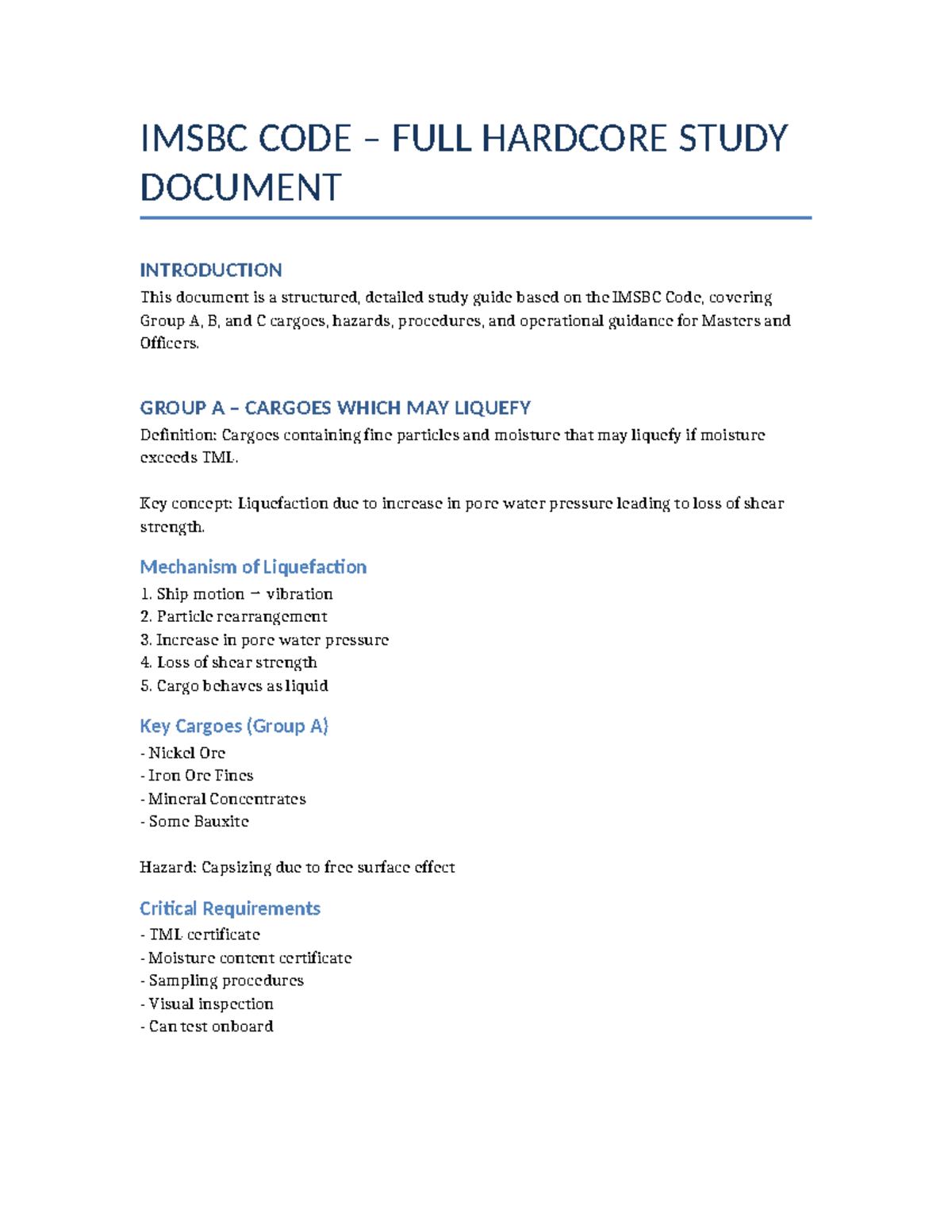 IMSBC Code Full Hardcore Study Guide for Cargoes and Hazards - Studocu