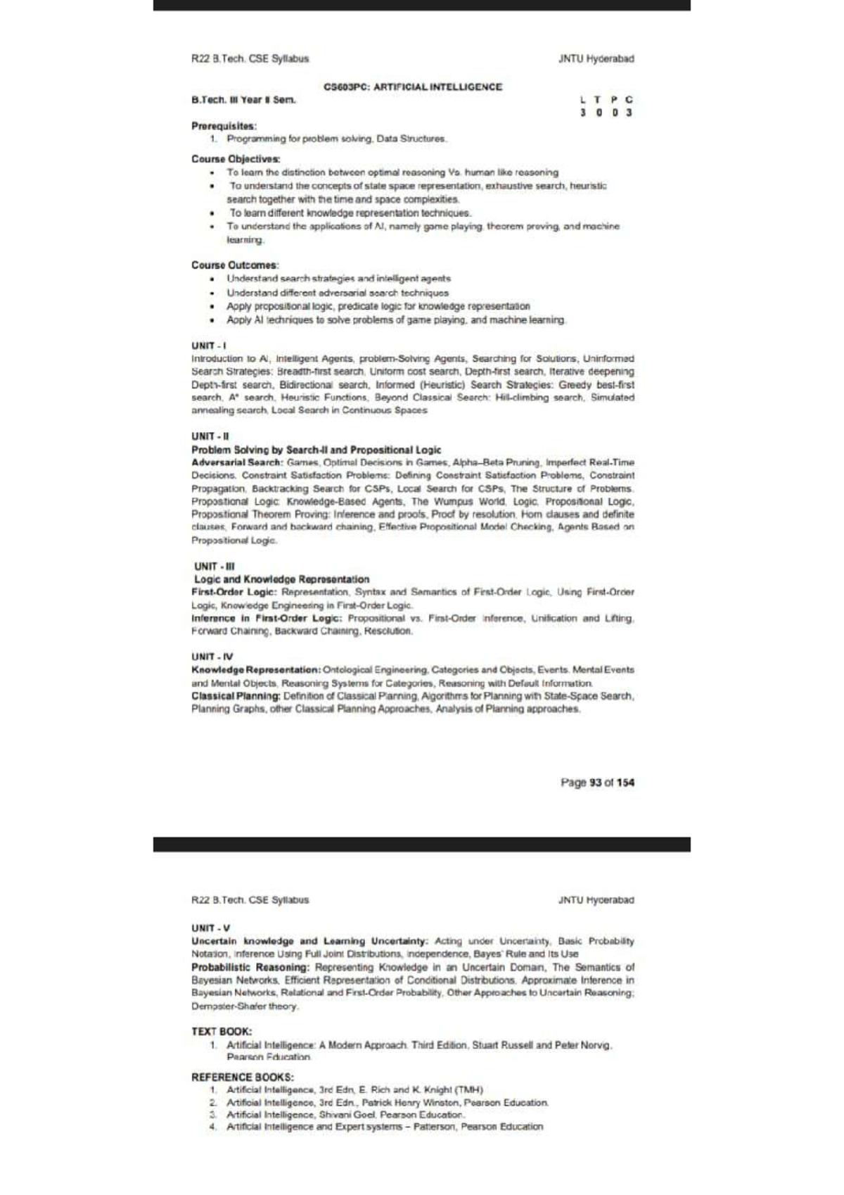 R22 B.Tech CSE CS603PC: AI Syllabus for 2nd Year, JNTU Hyderabad - Studocu