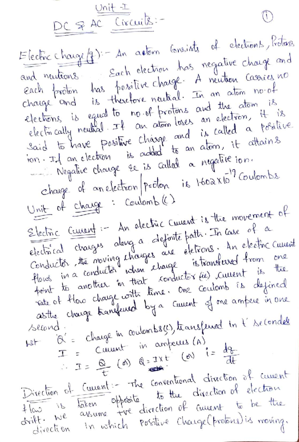 Lecture Notes BEE UNIT-1: Understanding Electric Charge and Current ...