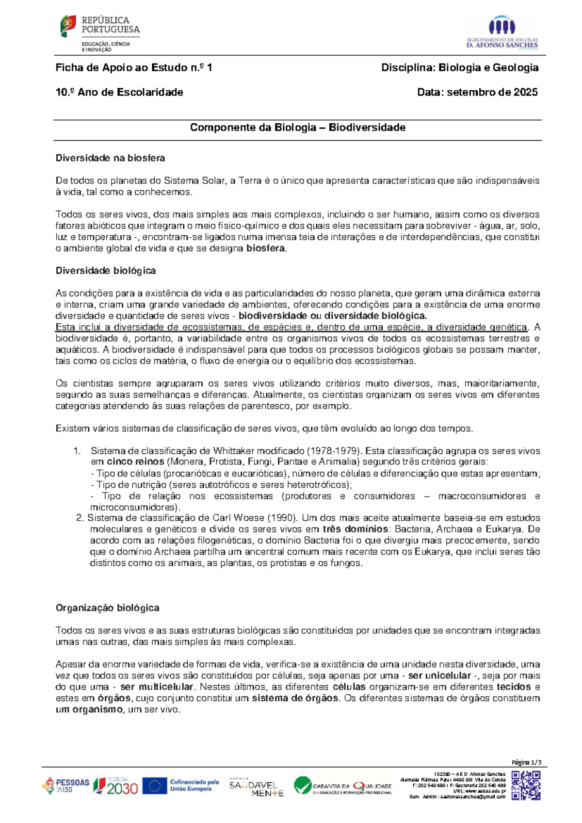 Ficha de Apoio ao Estudo n.º 1: Biodiversidade em Biologia e Geologia ...