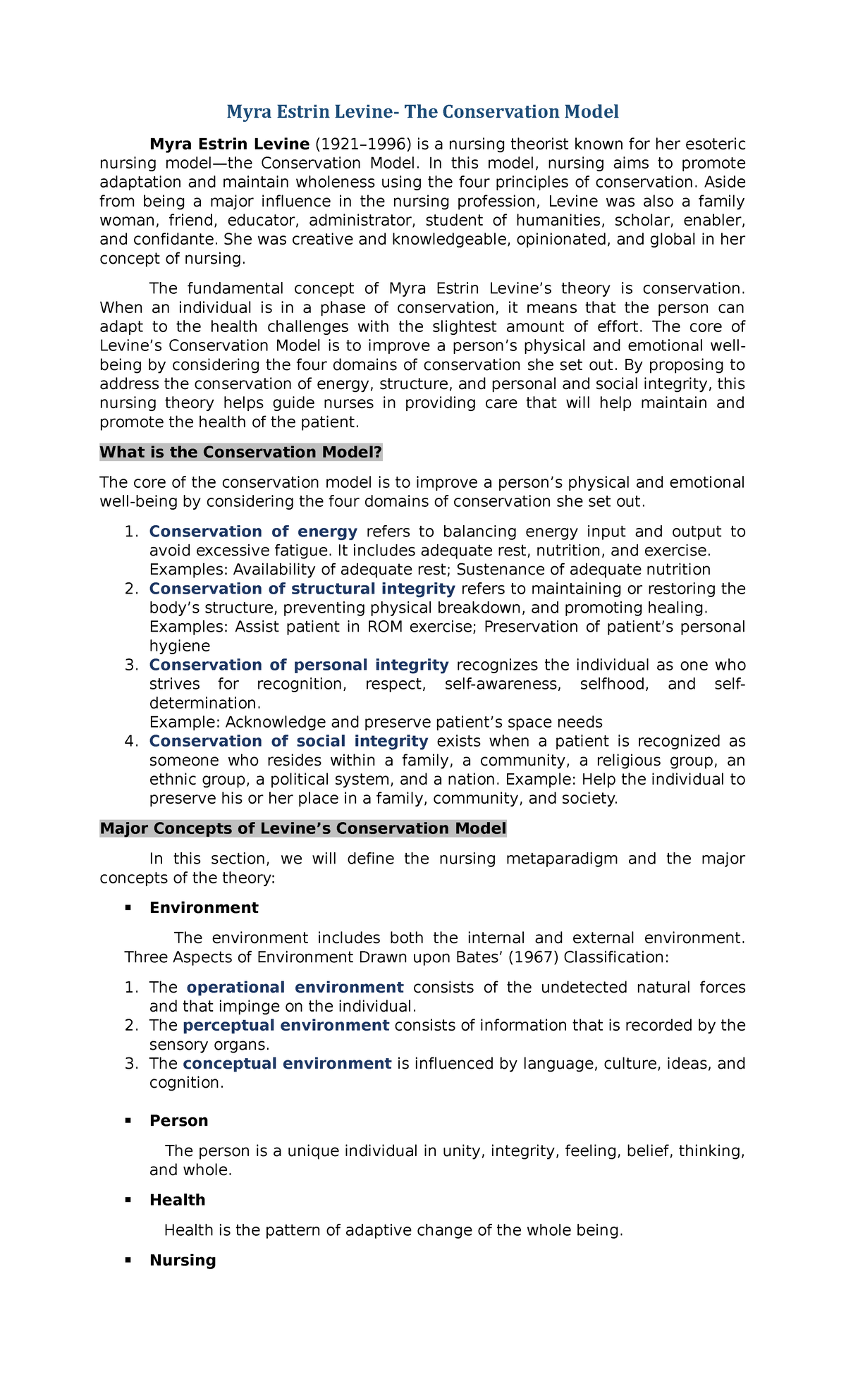 Levine- The Conservation Model in Nursing: Key Concepts and Principles ...