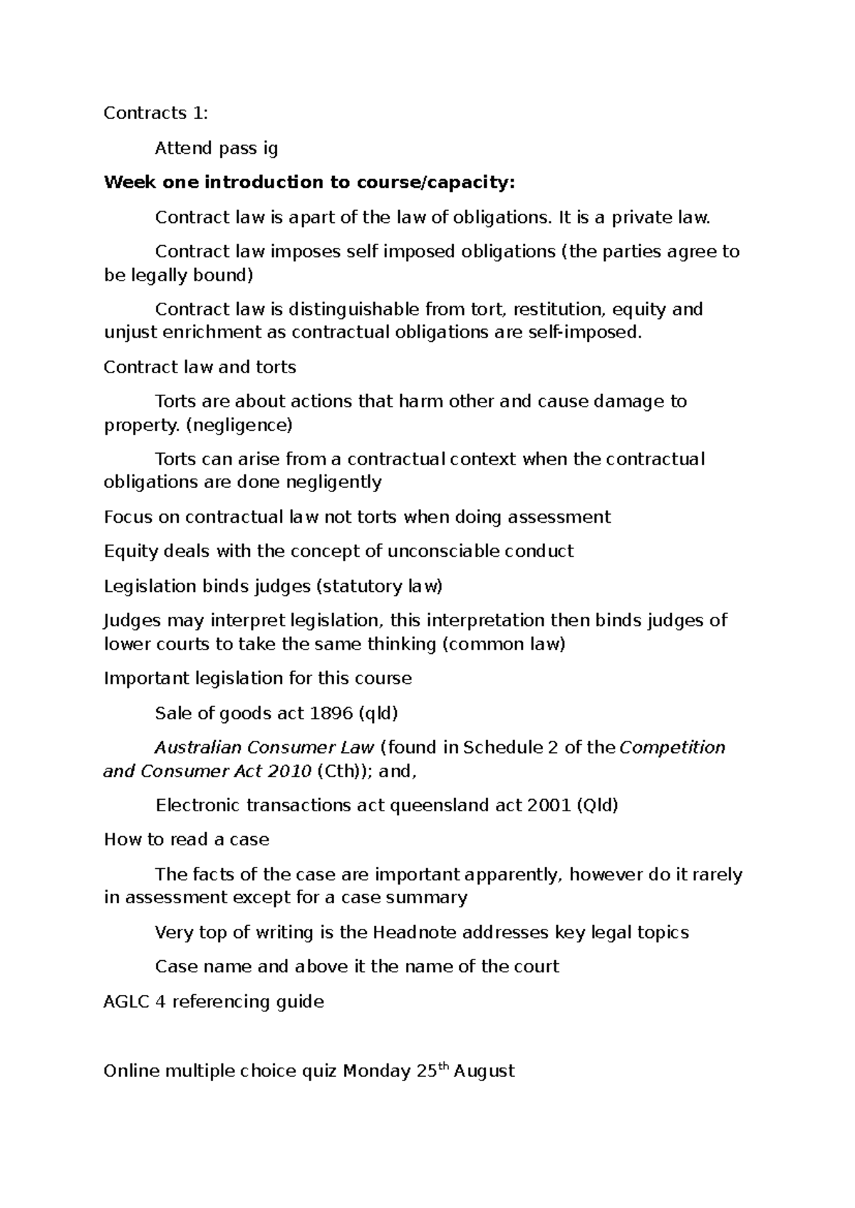 Contracts 1: Week 1 Introduction to Contract Law and Key Concepts - Studocu