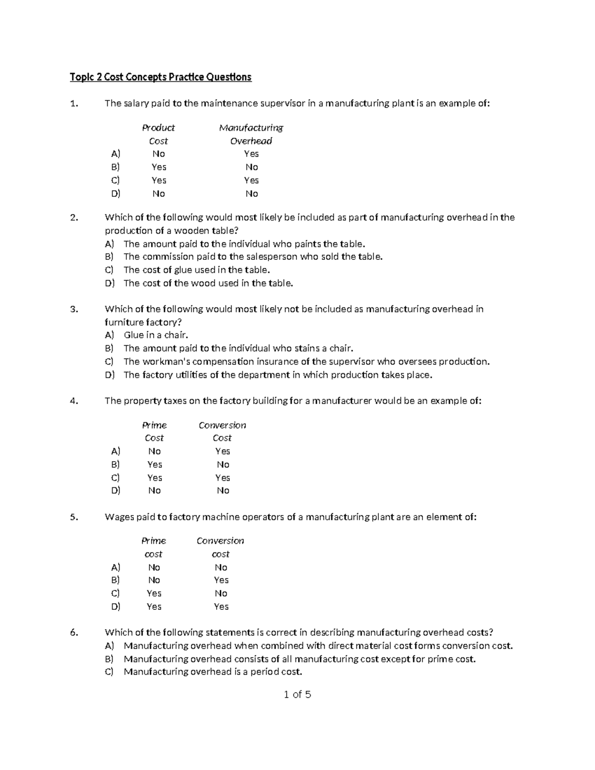 Topic 2 Cost Concepts Practice Questions for Cost Accounting Exam - Studocu