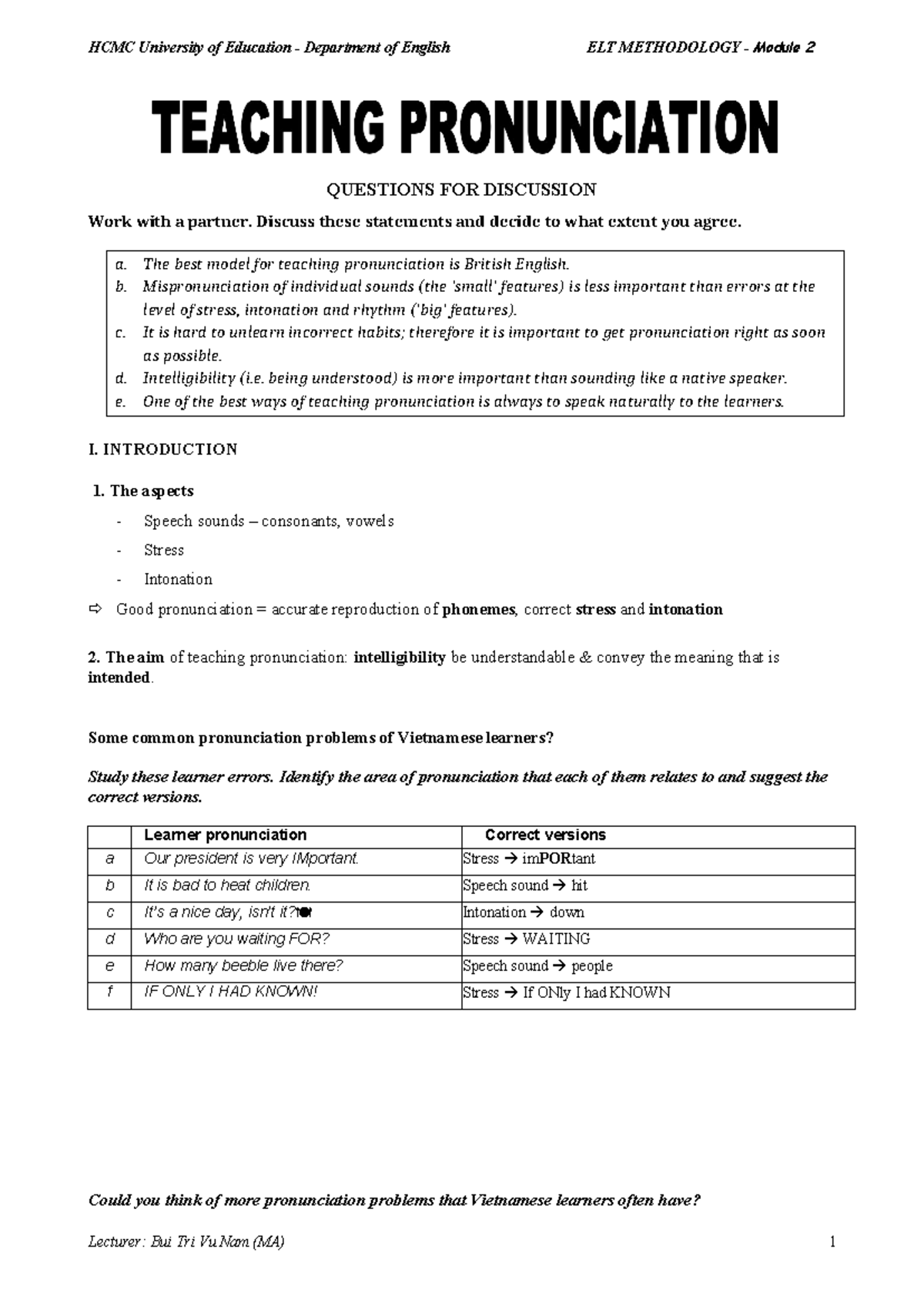 ELT METHODOLOGY Module 2: Teaching Pronunciation Discussion Questions ...