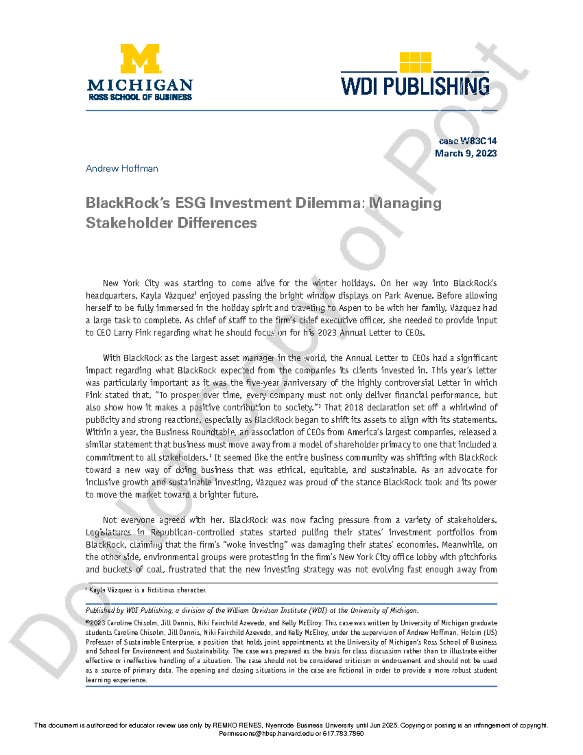 ESG Investment Dilemma: Managing Stakeholder Differences W83C14 Case Study  - Studeersnel